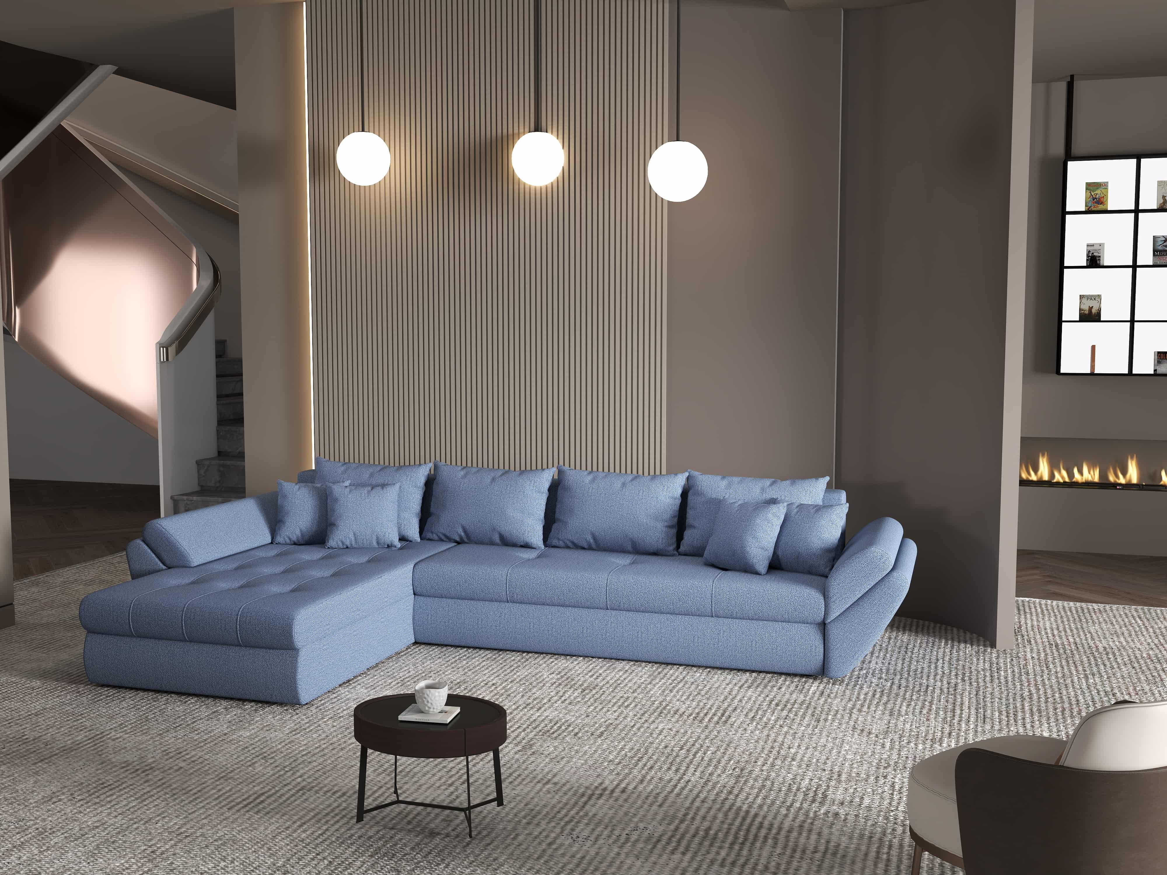Colțar extensibil dumonde cu ladă de depozitare si sezut confortabil din spuma HR, Loana XL Enjoy Albastru 335x185 cm Fabrica
