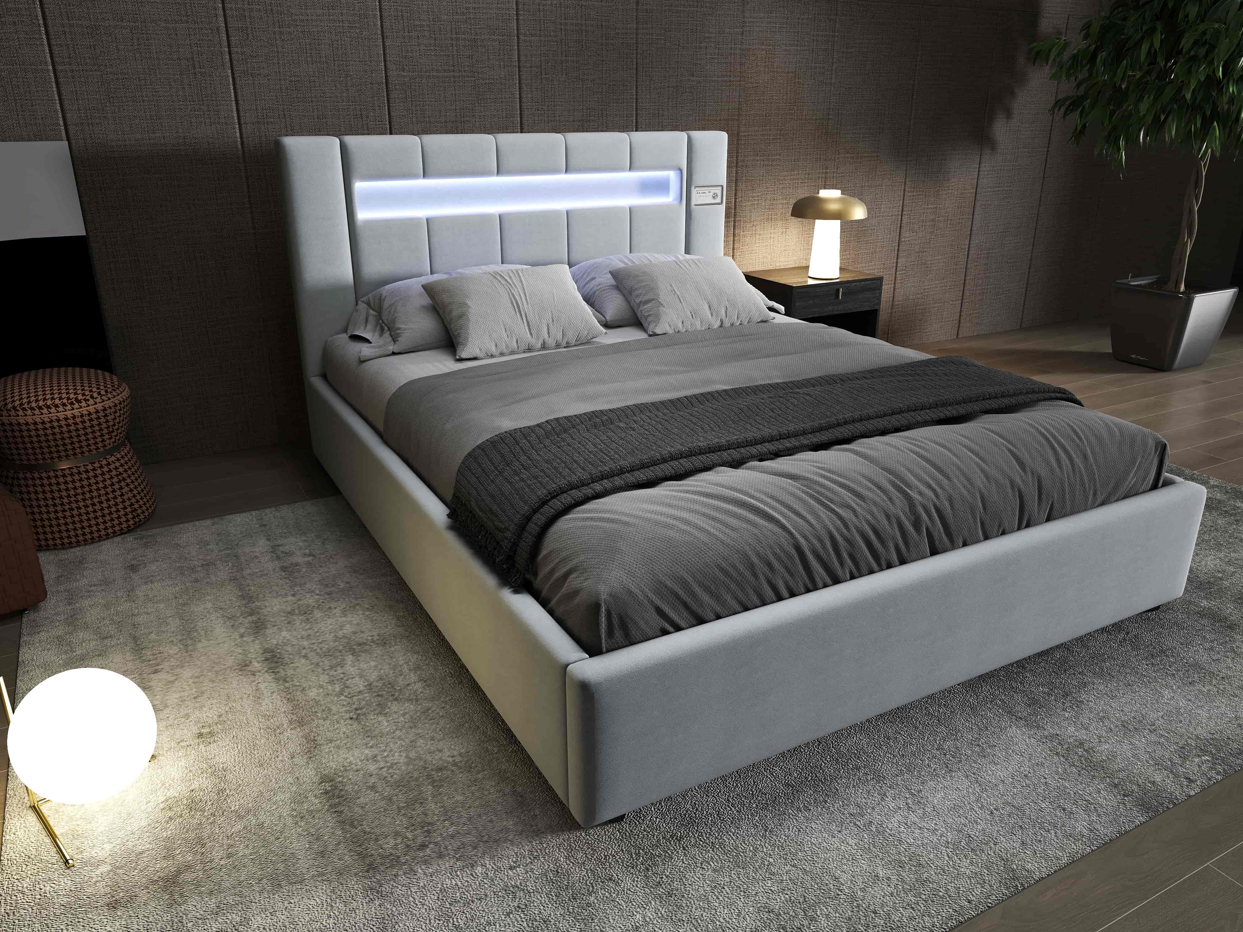 Pat dormitor dumonde, tapitat gri, Glow 160x200 cm, somiera rabatabila inclusa, spatiu depozitare WLS