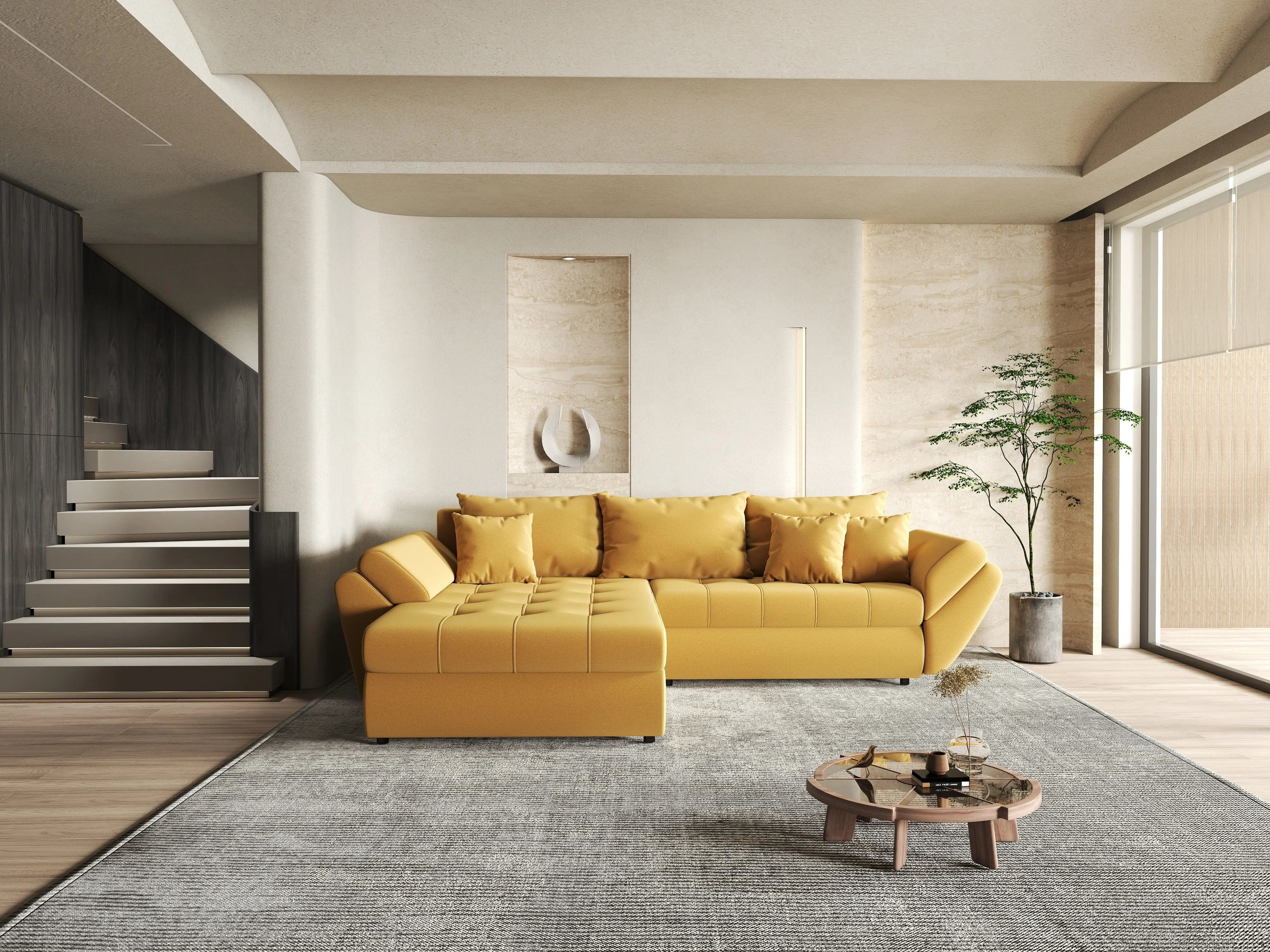 Colțar extensibil dumonde cu ladă de depozitare si sezut confortabil din spuma HR, Loana Muștar 270x185 cm Fabrica