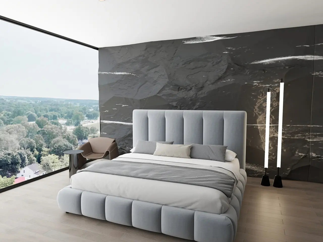 Pat dormitor dumonde, tapitat gri, Divaneo 140x200 cm, somiera rabatabila inclusa, spatiu depozitare WLS