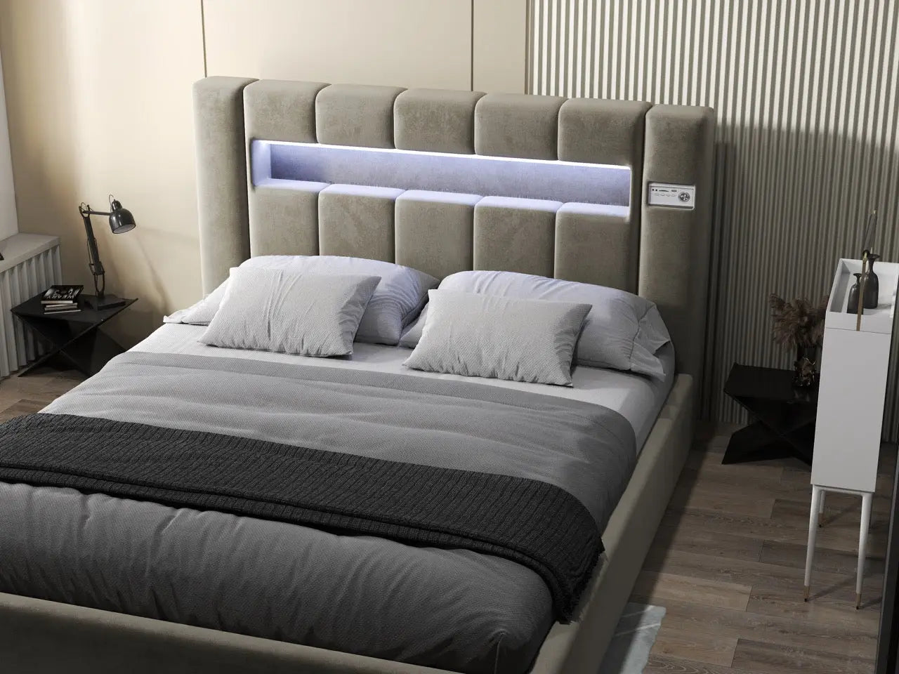 Pat dormitor dumonde, tapitat bej, Glow 180x200 cm, somiera rabatabila inclusa, spatiu depozitare WLS