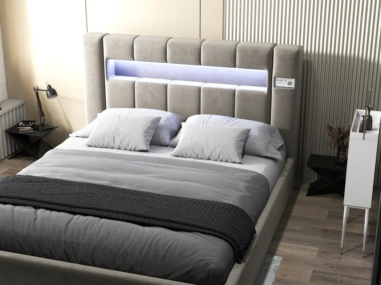 Pat dormitor dumonde, tapitat bej, Glow 160x200 cm, somiera rabatabila inclusa, spatiu depozitare WLS