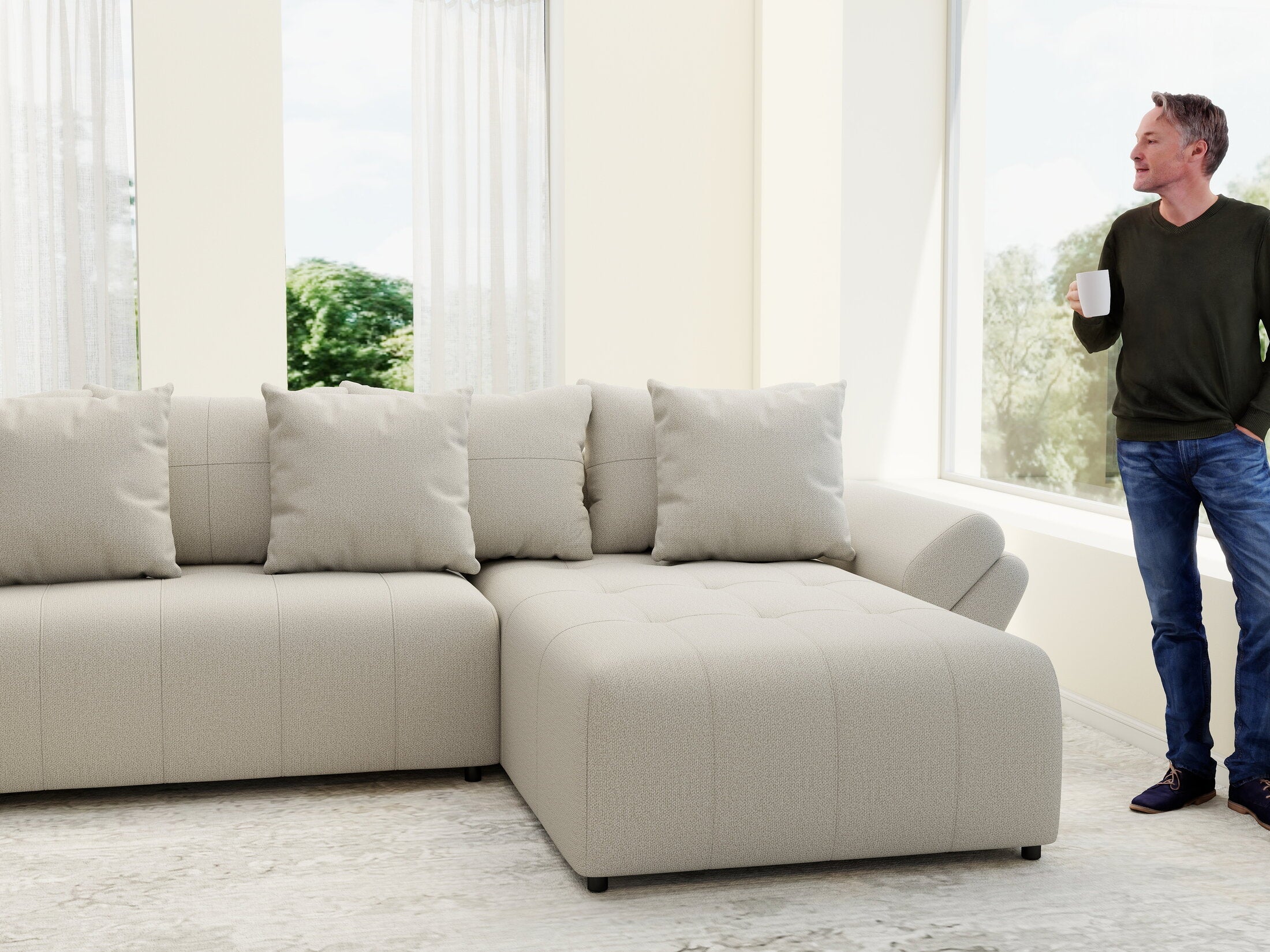 Colțar extensibil dumonde cu ladă de depozitare si sezut confortabil din spuma high-density, Berlin U Enjoy Bej 400x185 cm