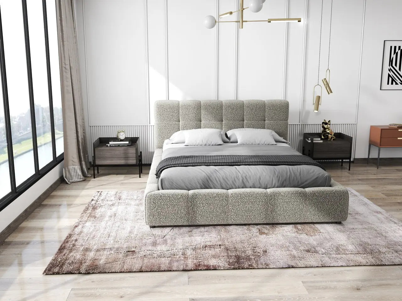 Pat dormitor dumonde, tapitat gri, Lorenzo 140x200 cm, somiera rabatabila inclusa, spatiu depozitare WLS