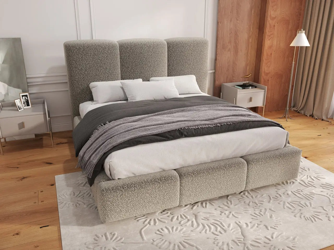 Pat dormitor dumonde, tapitat gri, Dinasty 160x200 cm, somiera rabatabila inclusa, spatiu depozitare WLS