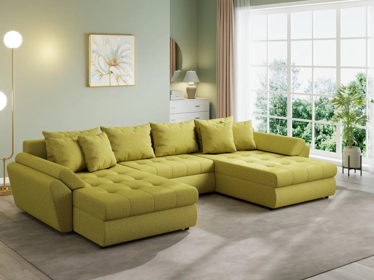 Colțar extensibil dumonde cu ladă de depozitare si sezut confortabil din spuma HR, Loana U Enjoy Green 355x185 cm Fabrica