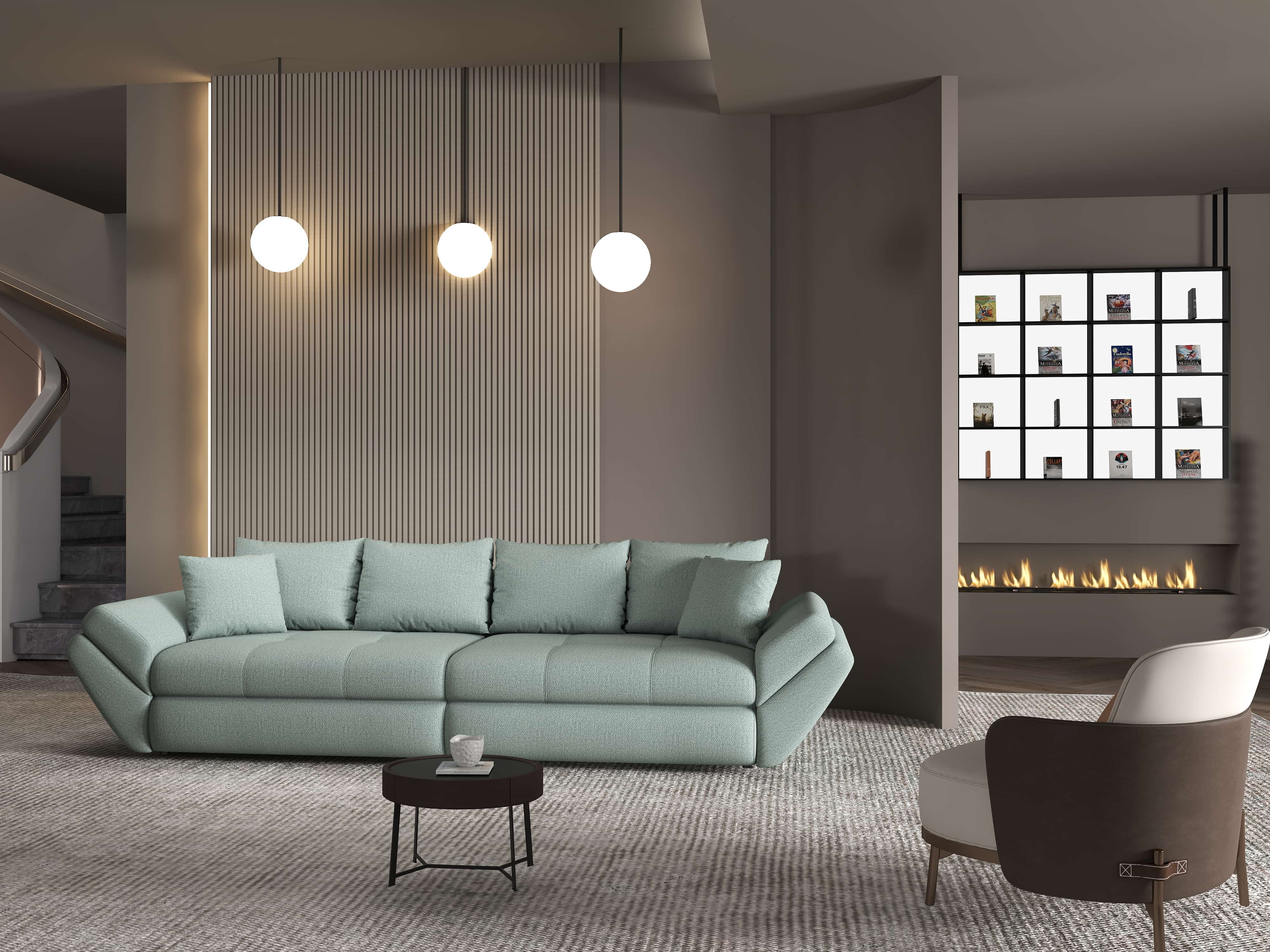 Canapea extensibilă dumonde cu ladă de depozitare si sezut confortabil din spuma HR, Loana Enjoy Mint 300x100 cm Fabrica