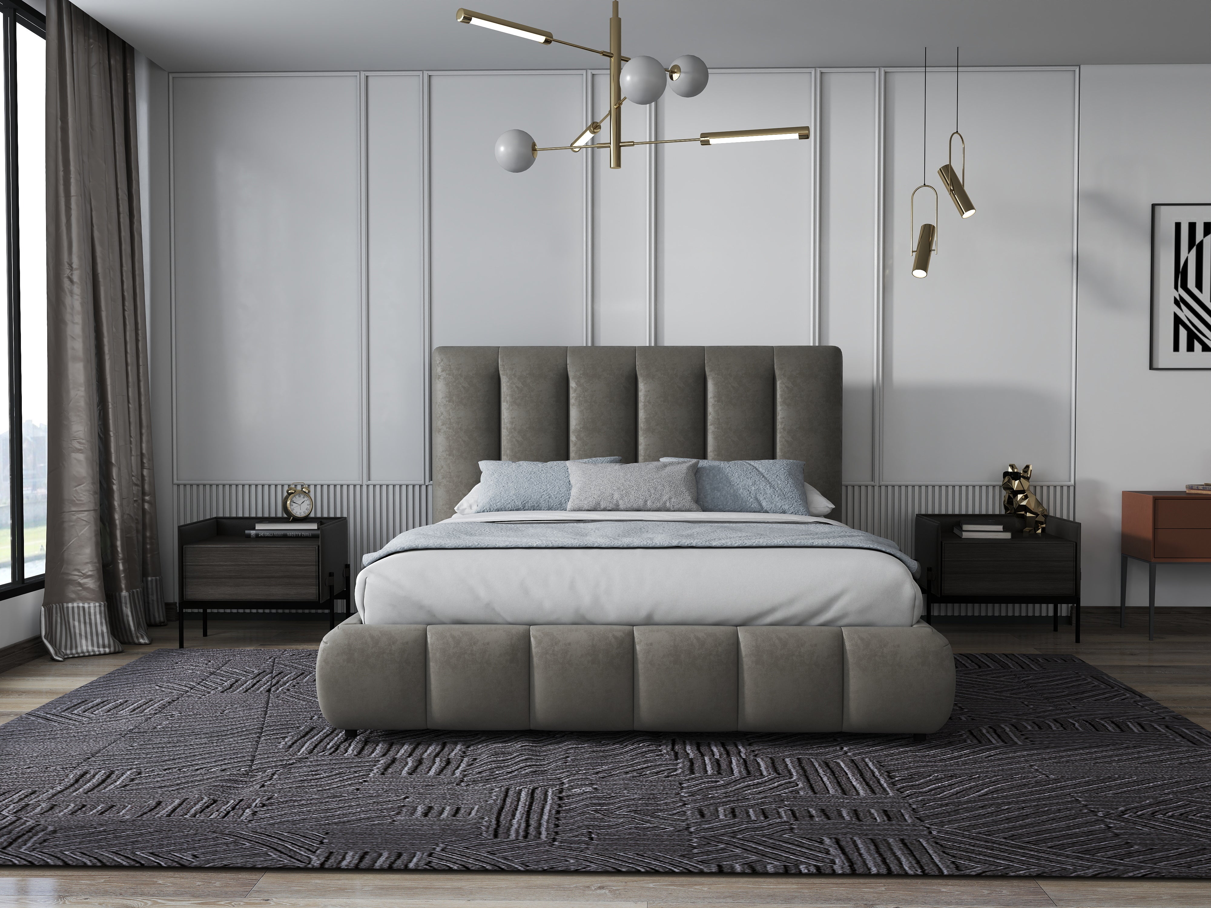 Pat dormitor dumonde, tapitat bej, Divaneo 140x200 cm, somiera rabatabila inclusa, spatiu depozitare WLS