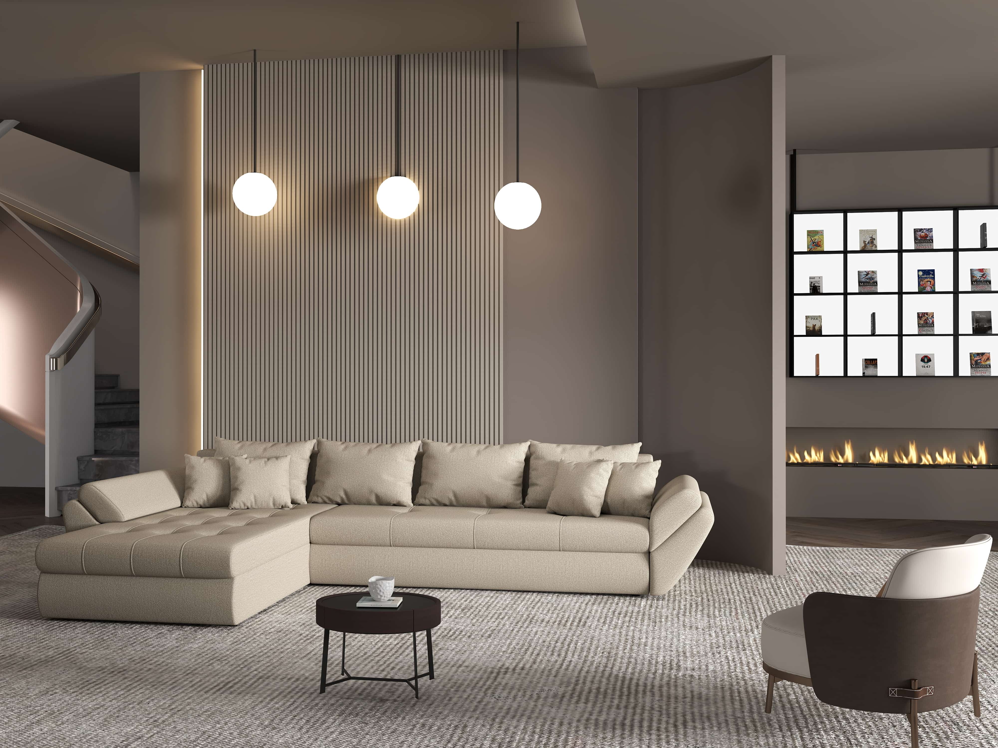 Colțar extensibil dumonde cu ladă de depozitare si sezut confortabil din spuma HR, Loana XL Enjoy Camel 335x185 cm Fabrica