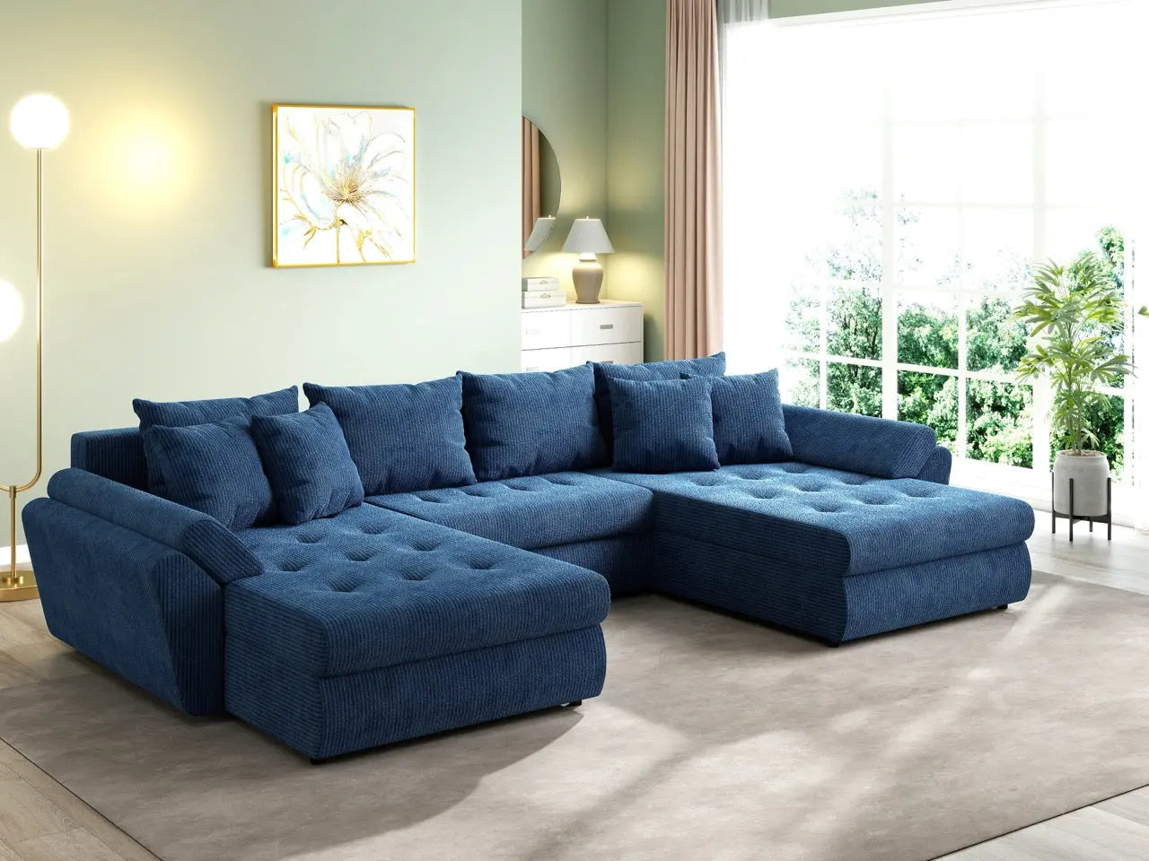 Colțar extensibil dumonde cu ladă de depozitare si sezut confortabil din spuma HR, Loana U Zoom Blue 355x185 cm Fabrica