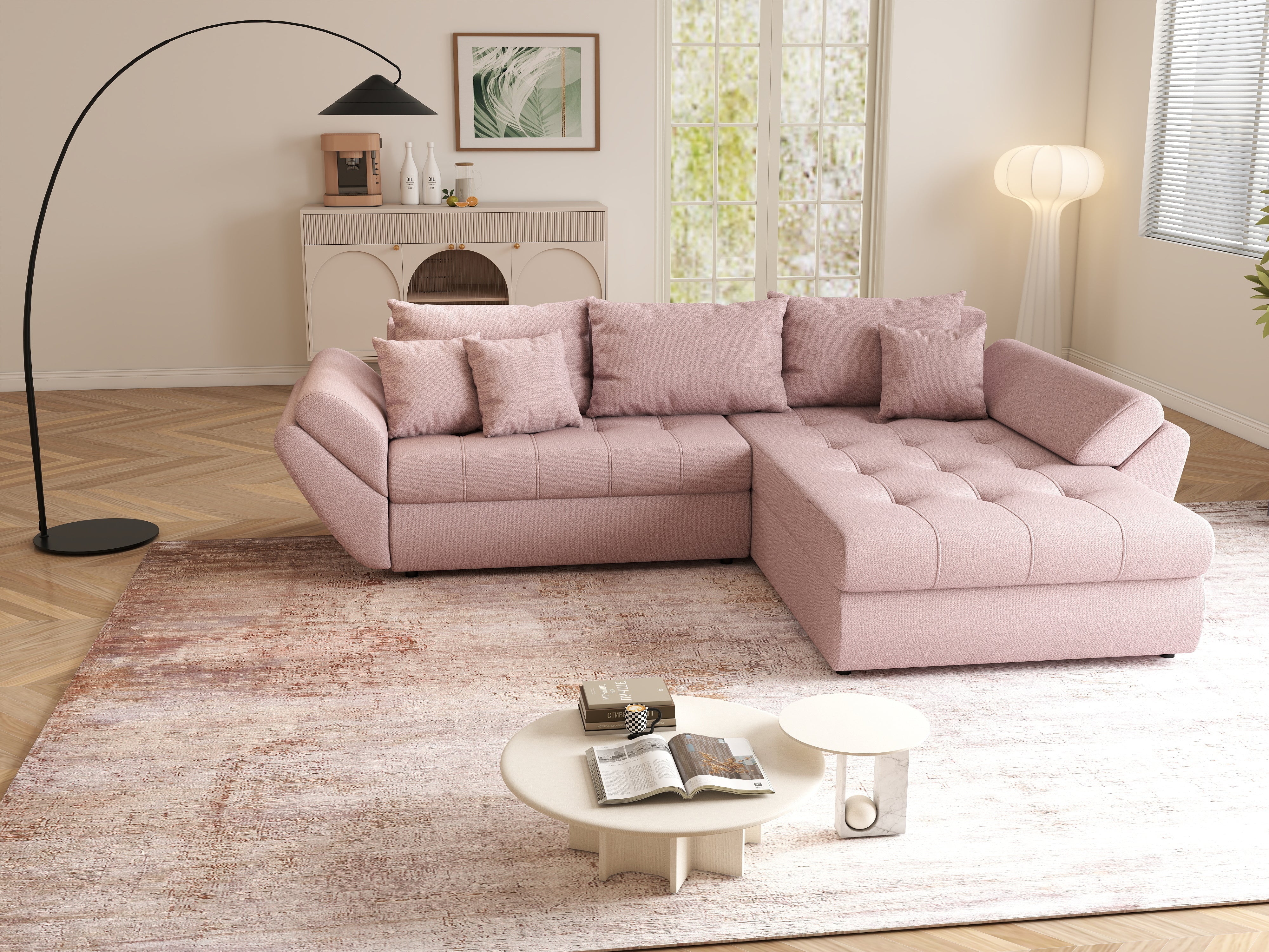 Colțar extensibil dumonde cu ladă de depozitare si sezut confortabil din spuma HR, Loana Enjoy Flamingo II 270x185 cm Fabrica