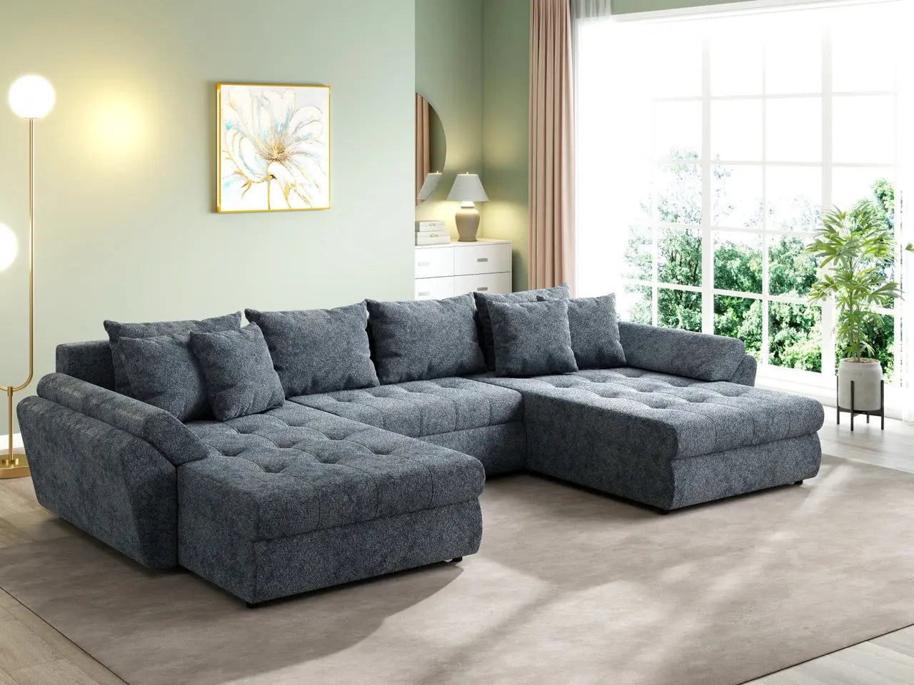 Colțar extensibil dumonde cu ladă de depozitare si sezut confortabil din spuma HR, Loana U Euphoria Grafit 355x185 cm Fabrica