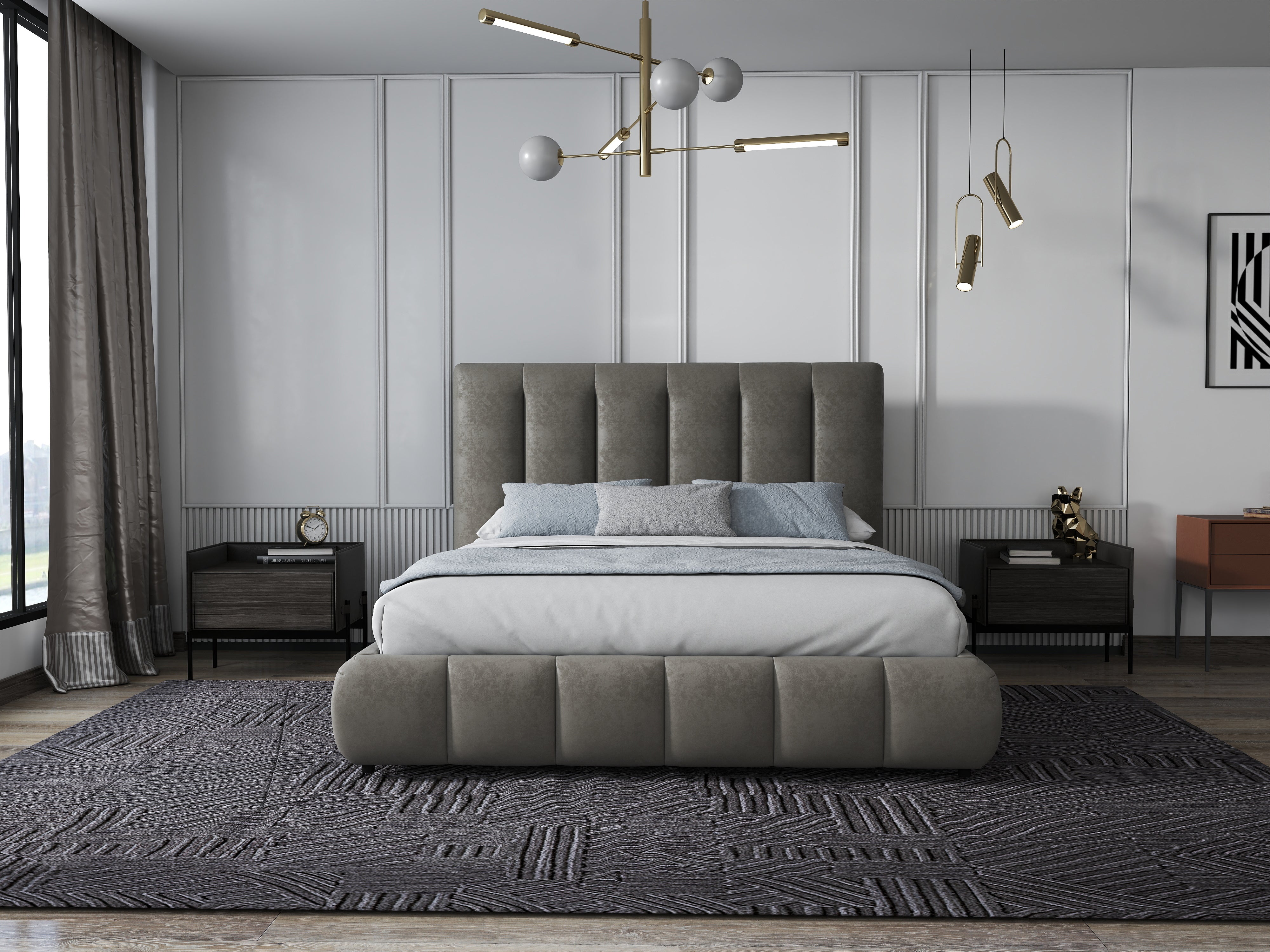 Pat dormitor dumonde, tapitat bej, Divaneo 140x200 cm, somiera rabatabila inclusa, spatiu depozitare WLS