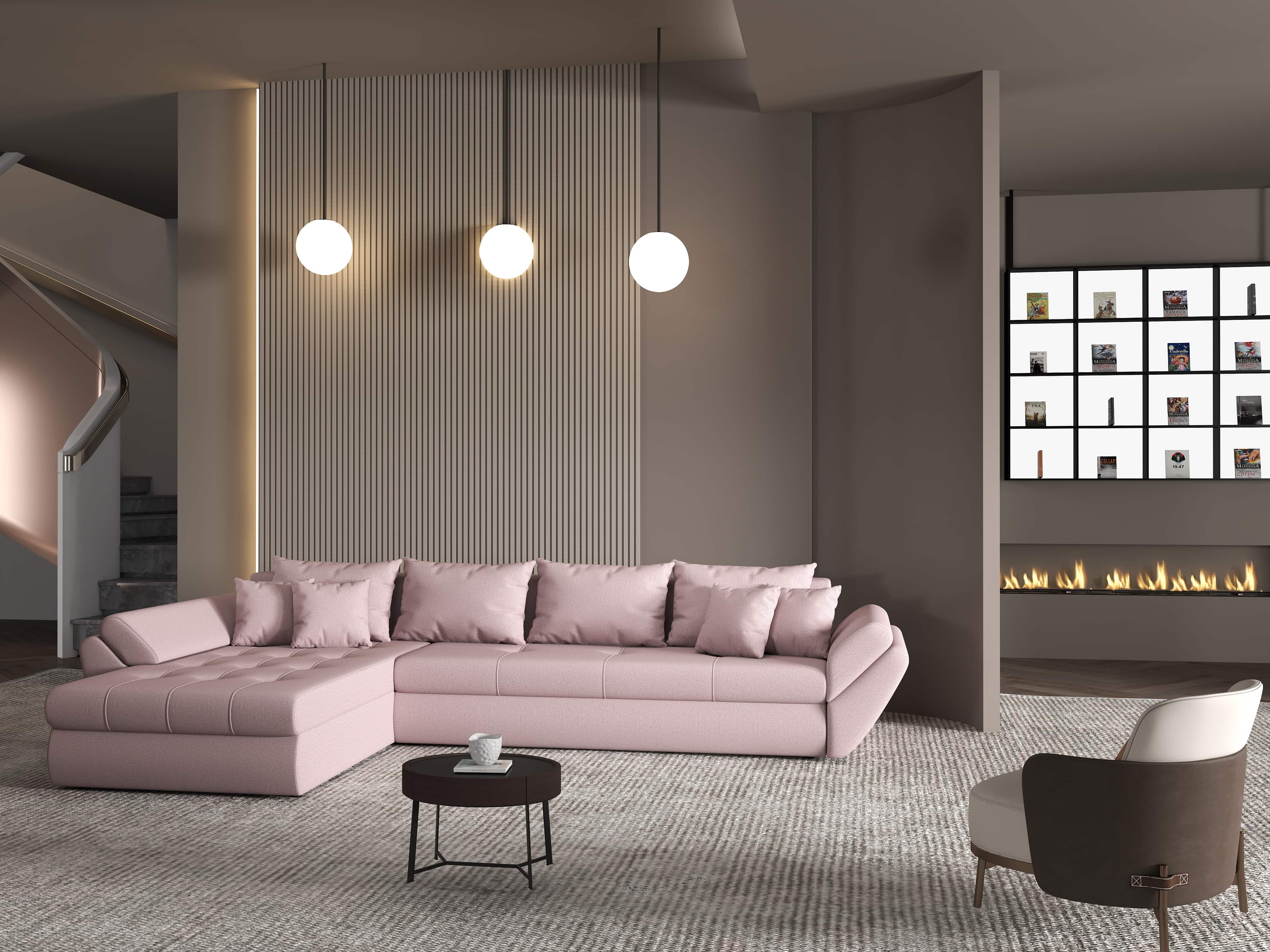 Colțar extensibil dumonde cu ladă de depozitare si sezut confortabil din spuma HR, Loana XL Enjoy Flamingo 335x185 cm Fabrica