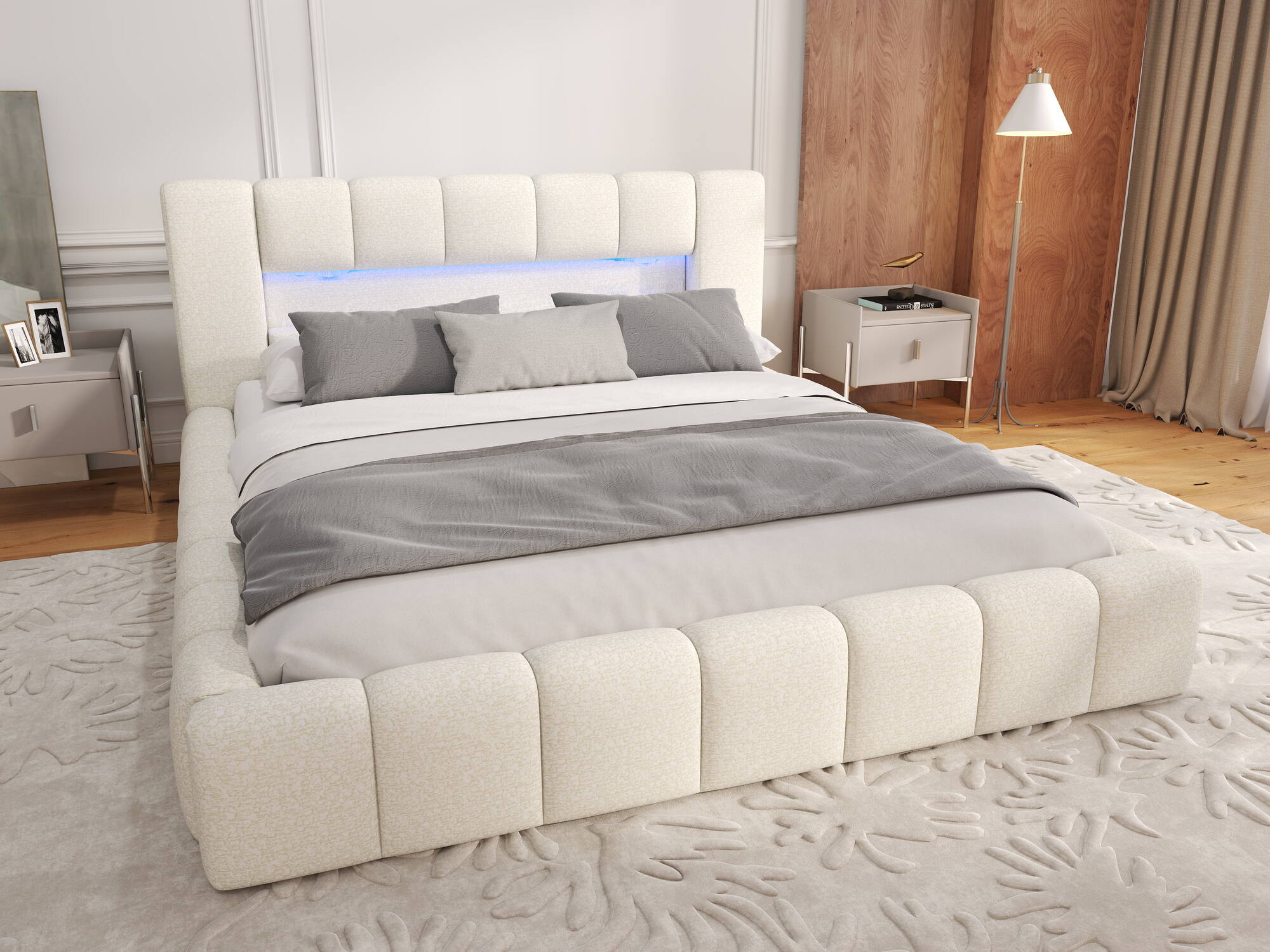 Dumonde kárpitozott ágy, bézs, Palermo 180x200 cm, felnyitható ágyráccsal, tárolórekesszel