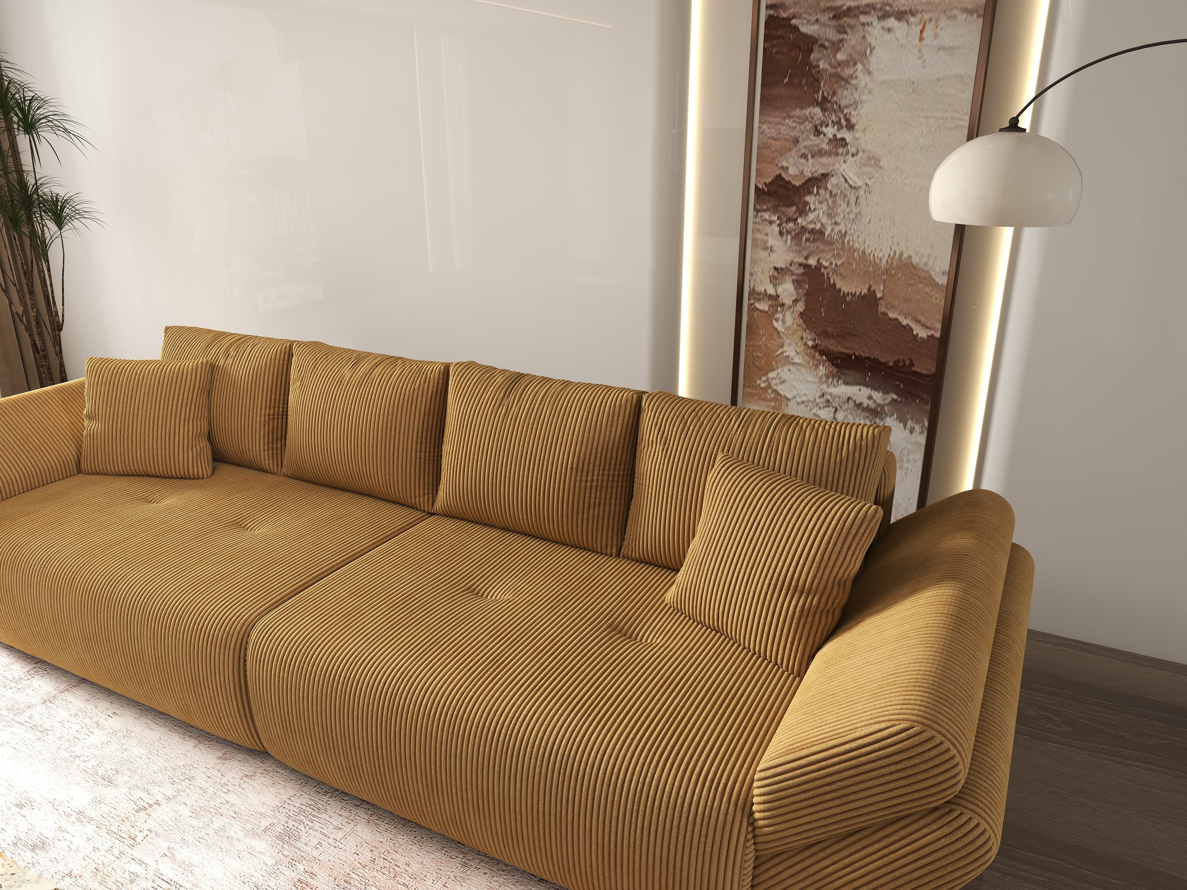 Canapea extensibilă dumonde cu ladă de depozitare si sezut confortabil din spuma HR, Berlin Zoom Mustar 300x100 cm Fabrica