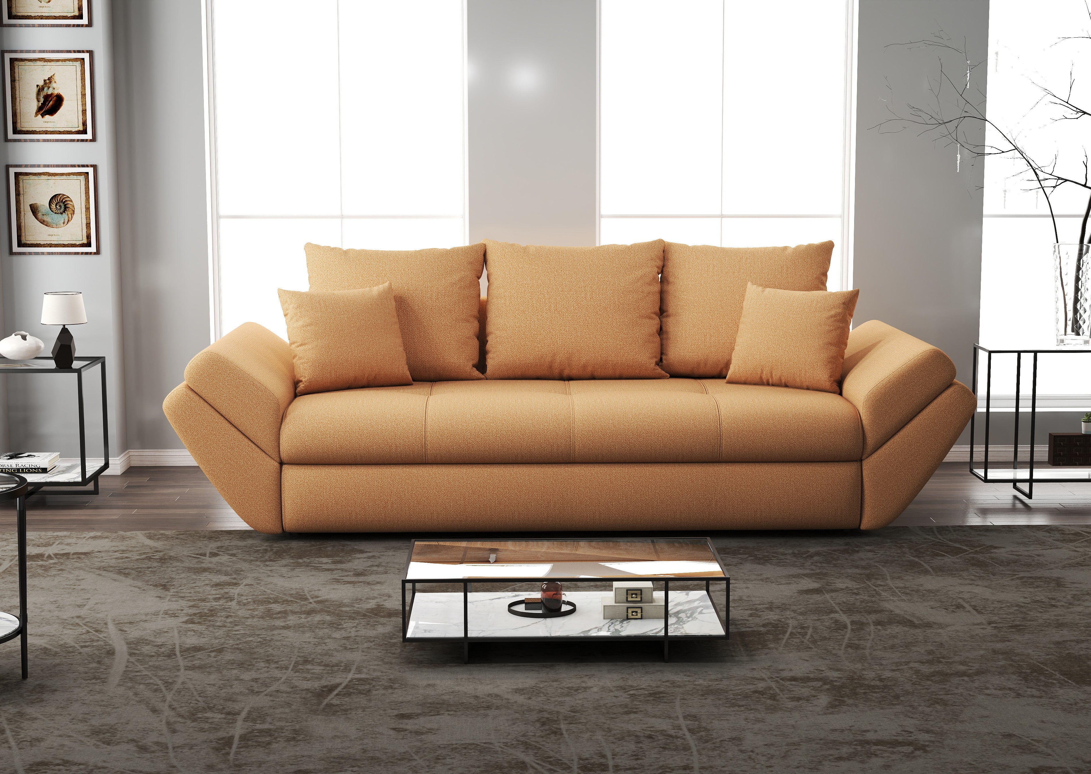 Canapea extensibilă dumonde cu ladă de depozitare si sezut confortabil din spuma HR, Loana Enjoy Mango 250x100 cm Fabrica