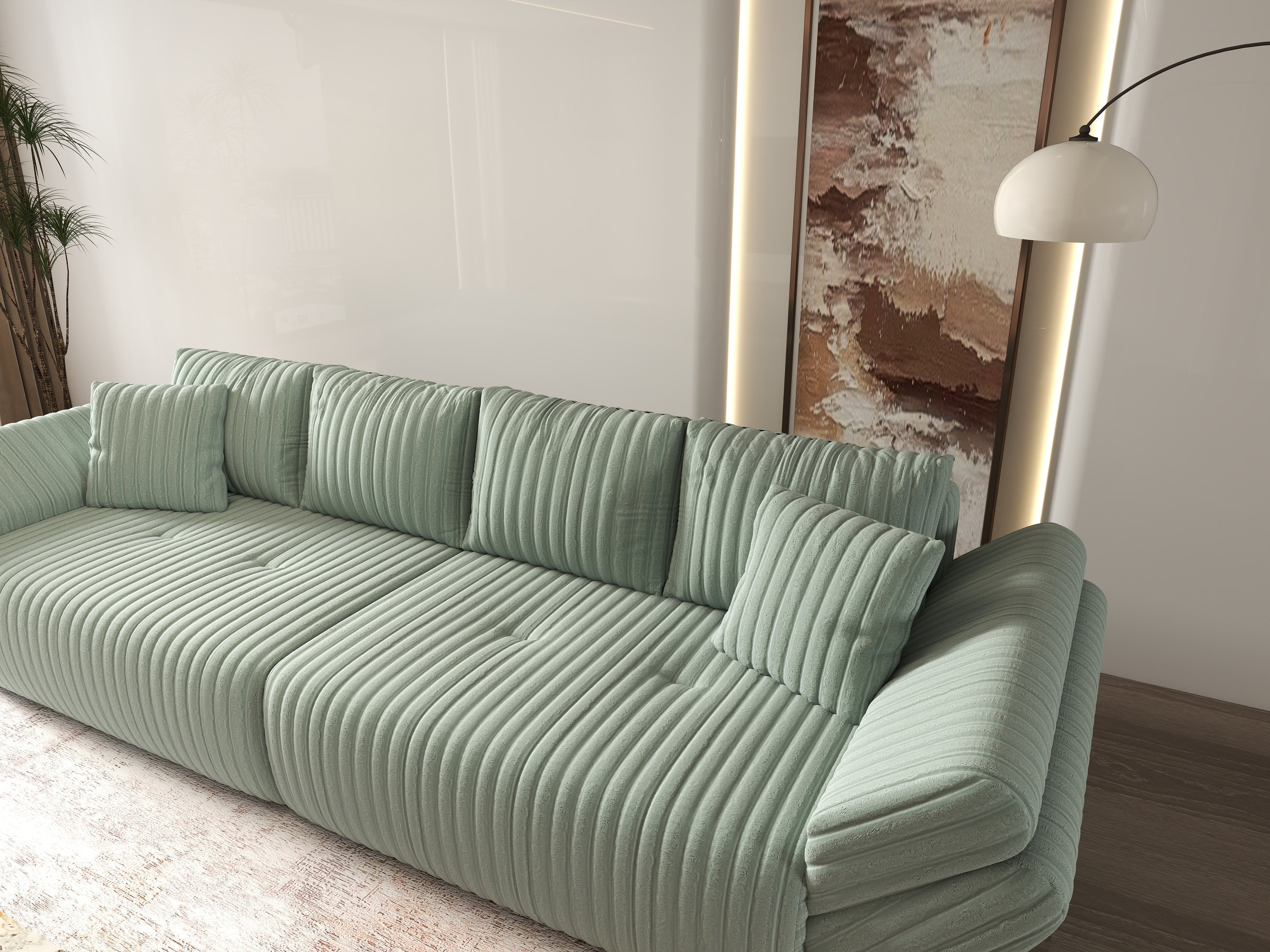 Canapea extensibilă dumonde cu ladă de depozitare si sezut confortabil din spuma HR, Berlin Ambience Mint 300x100 cm Fabrica