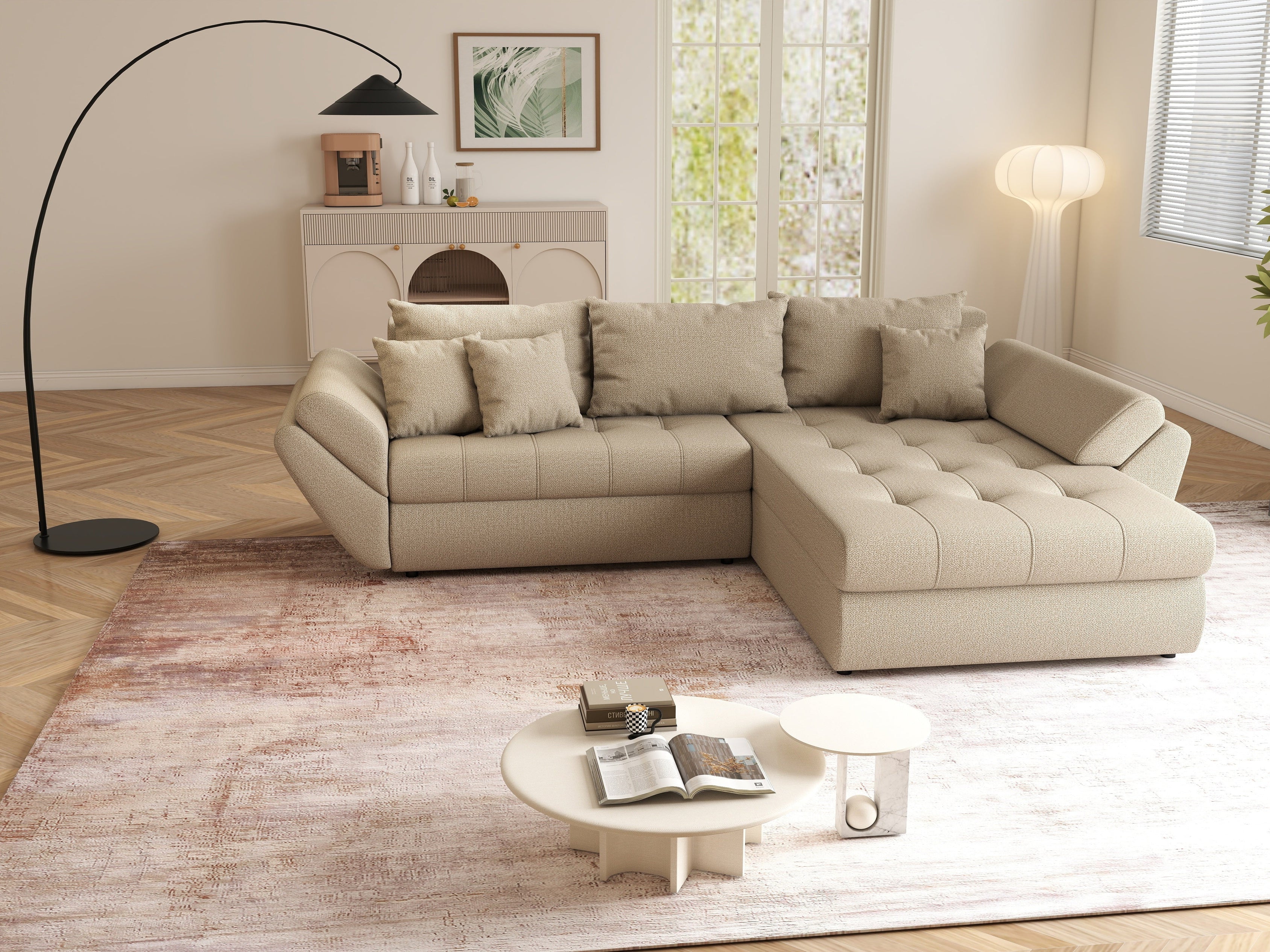Colțar extensibil dumonde cu ladă de depozitare si sezut confortabil din spuma HR, Loana Enjoy Camel II 270x185 cm Fabrica