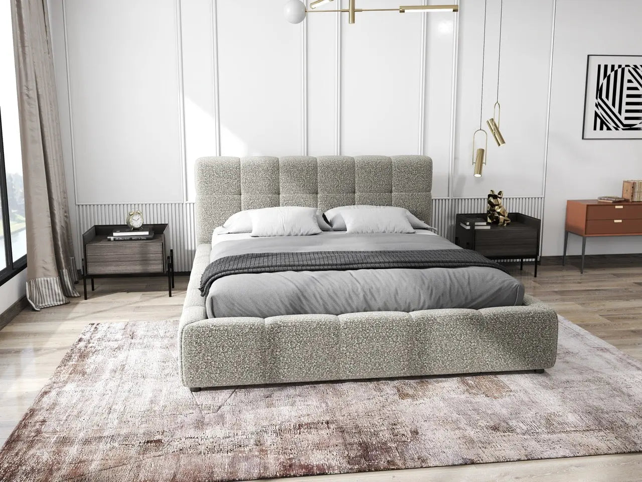Pat dormitor dumonde, tapitat gri, Lorenzo 140x200 cm, somiera rabatabila inclusa, spatiu depozitare WLS