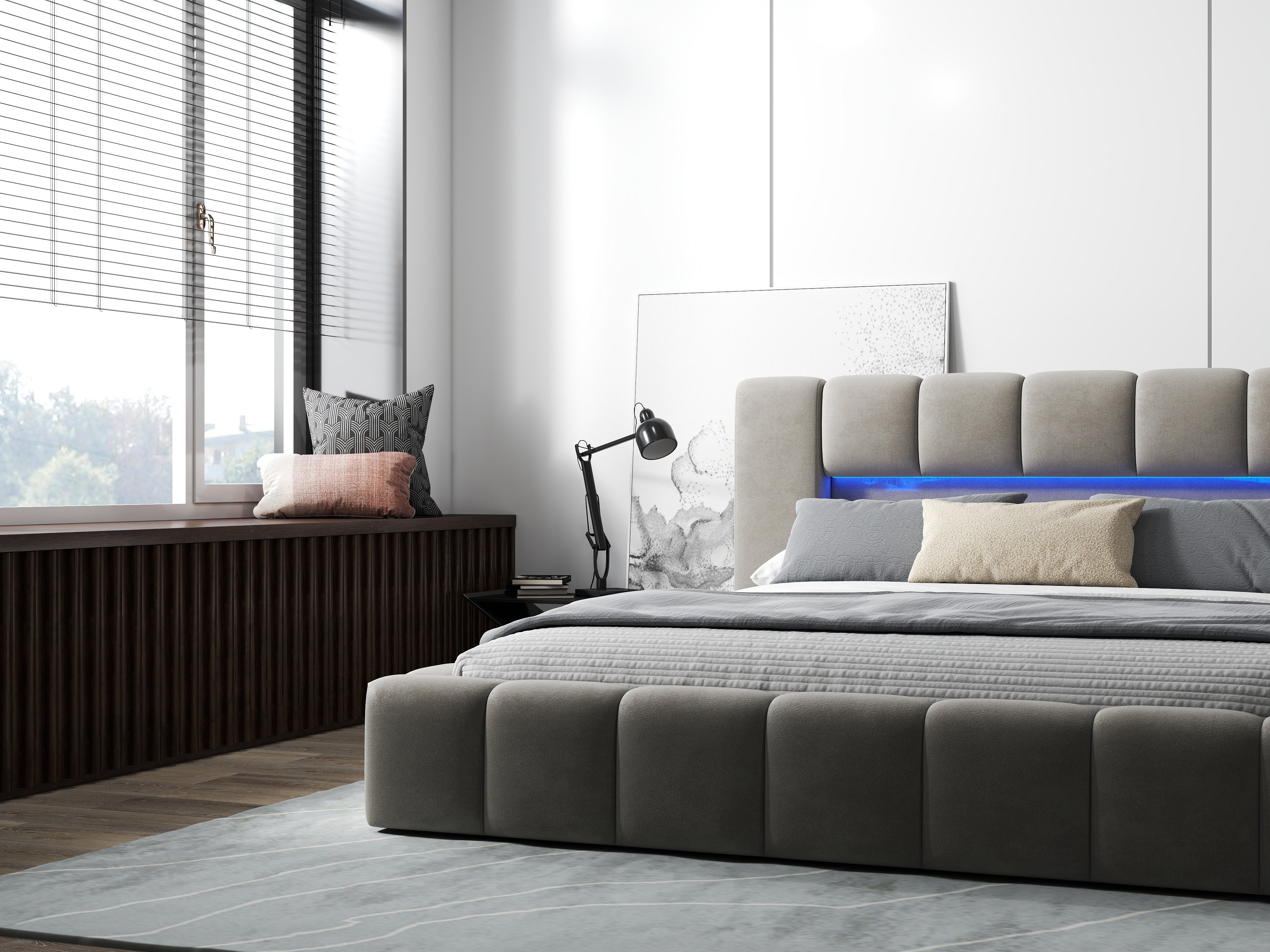 Pat dormitor dumonde, tapitat bej cu LED si USB, Palermo 140x200 cm, somiera rabatabila inclusa, spatiu depozitare WLS