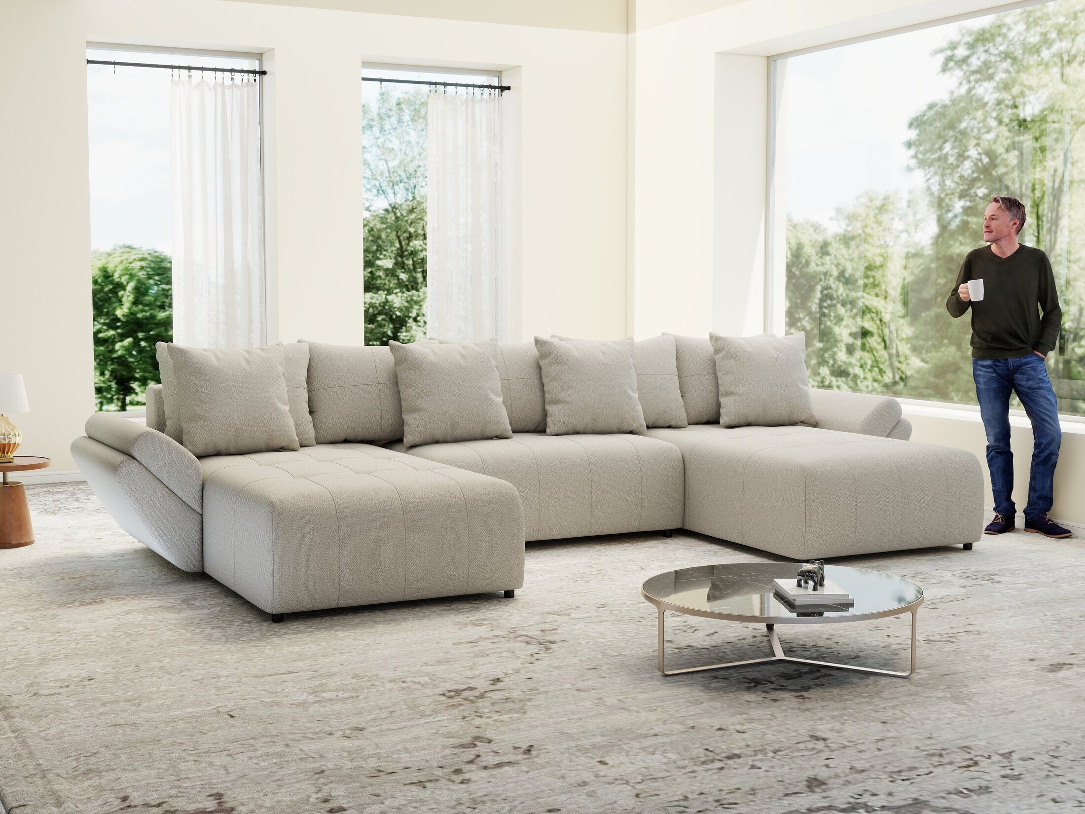 Colțar extensibil dumonde cu ladă de depozitare si sezut confortabil din spuma high-density, Berlin U Enjoy Bej 400x185 cm