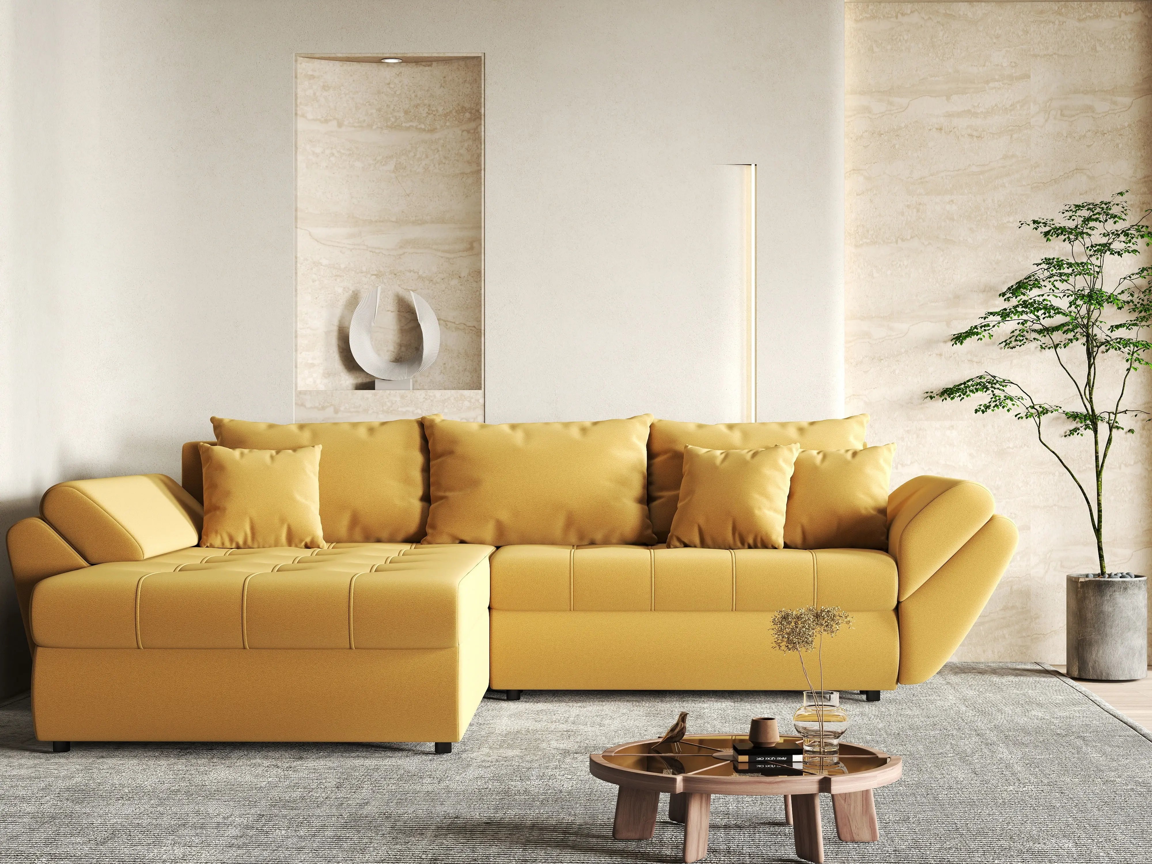 Colțar extensibil dumonde cu ladă de depozitare si sezut confortabil din spuma HR, Loana Muștar 270x185 cm Fabrica