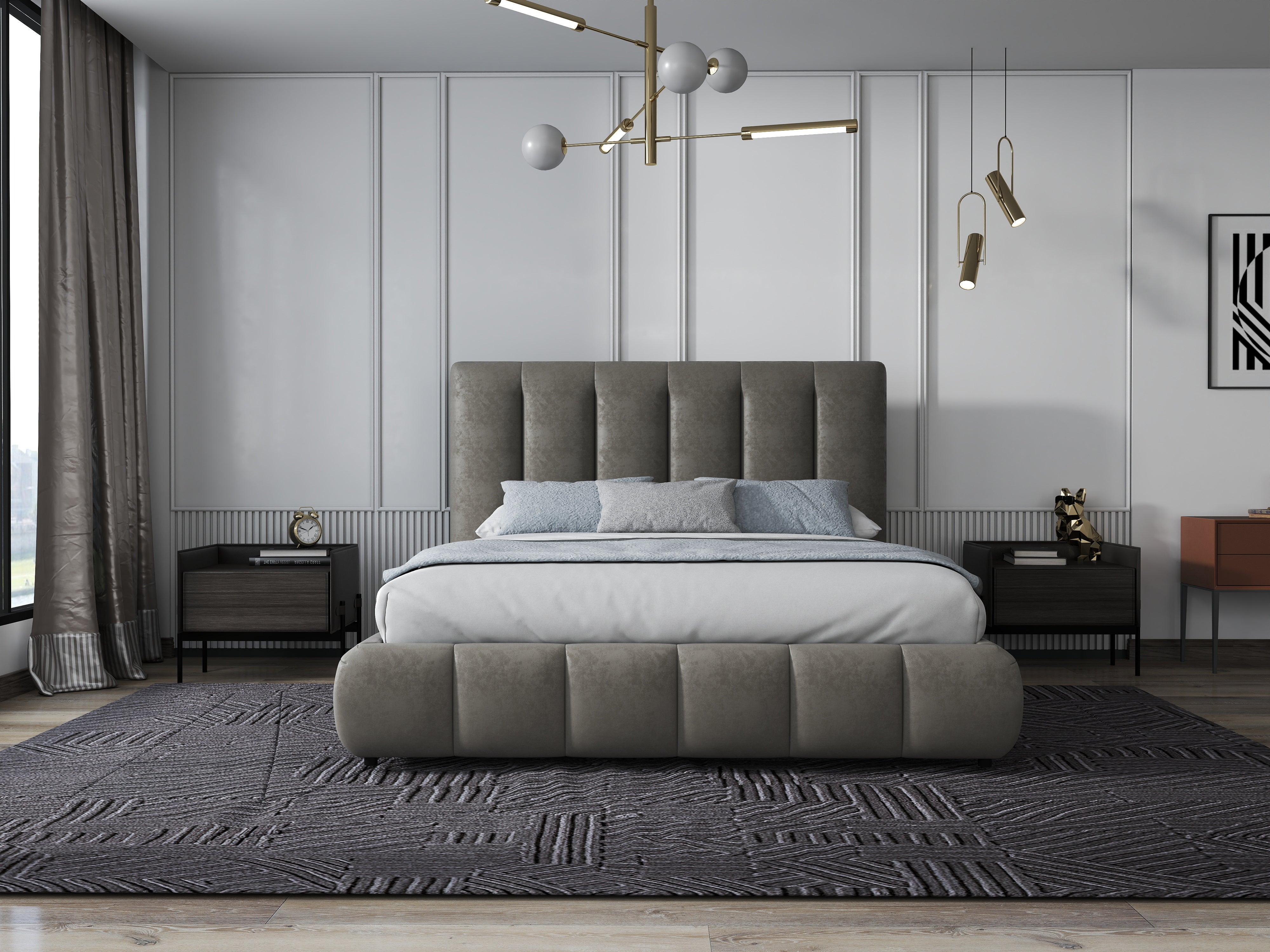 Pat dormitor dumonde, tapitat bej, Divaneo 140x200 cm, somiera rabatabila inclusa, spatiu depozitare WLS