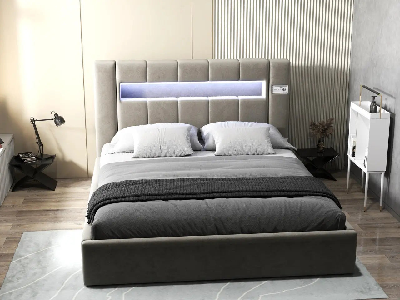 Pat dormitor dumonde, tapitat bej, Glow 160x200 cm, somiera rabatabila inclusa, spatiu depozitare WLS