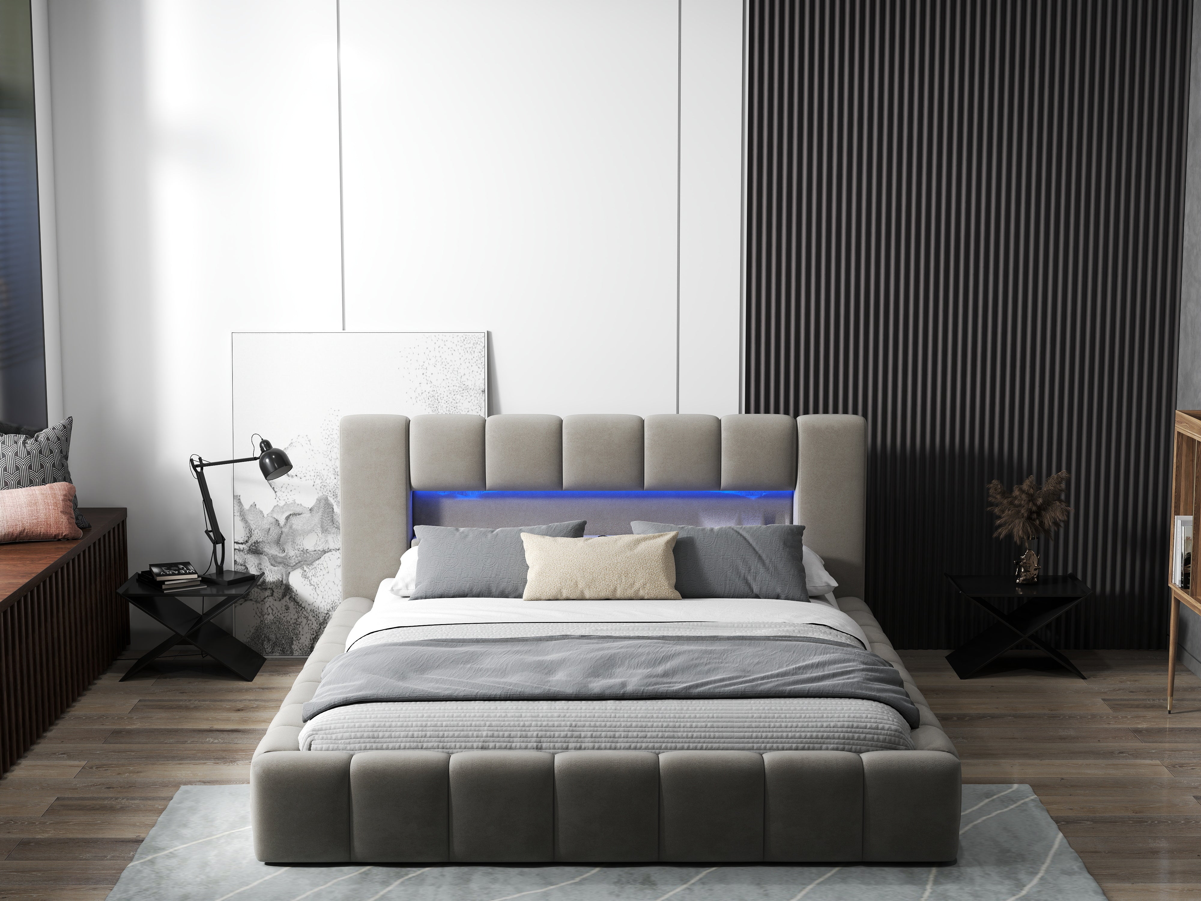 Pat dormitor dumonde, tapitat bej cu LED si USB, Palermo 140x200 cm, somiera rabatabila inclusa, spatiu depozitare WLS