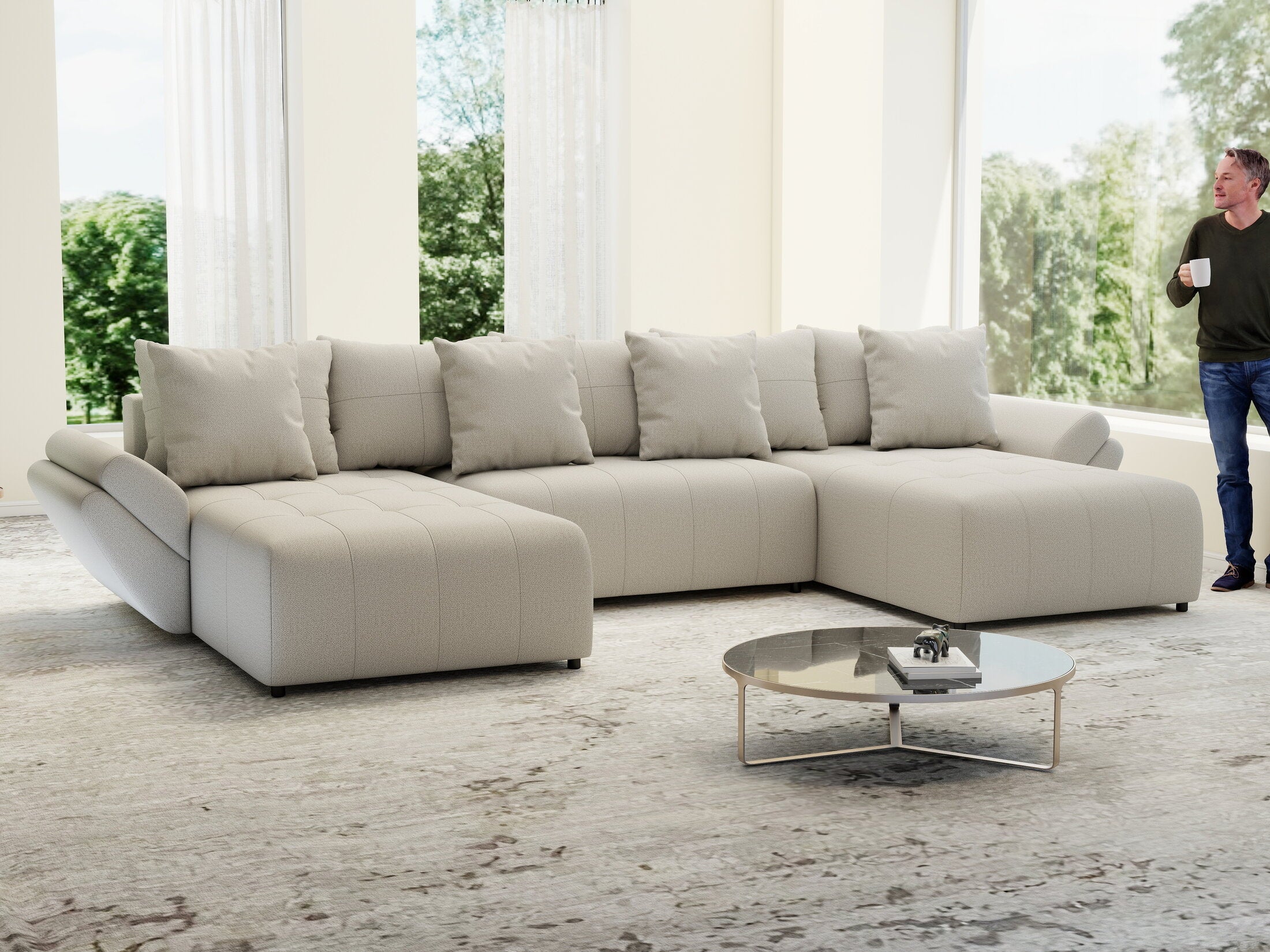 Colțar extensibil dumonde cu ladă de depozitare si sezut confortabil din spuma high-density, Berlin U Enjoy Bej 400x185 cm