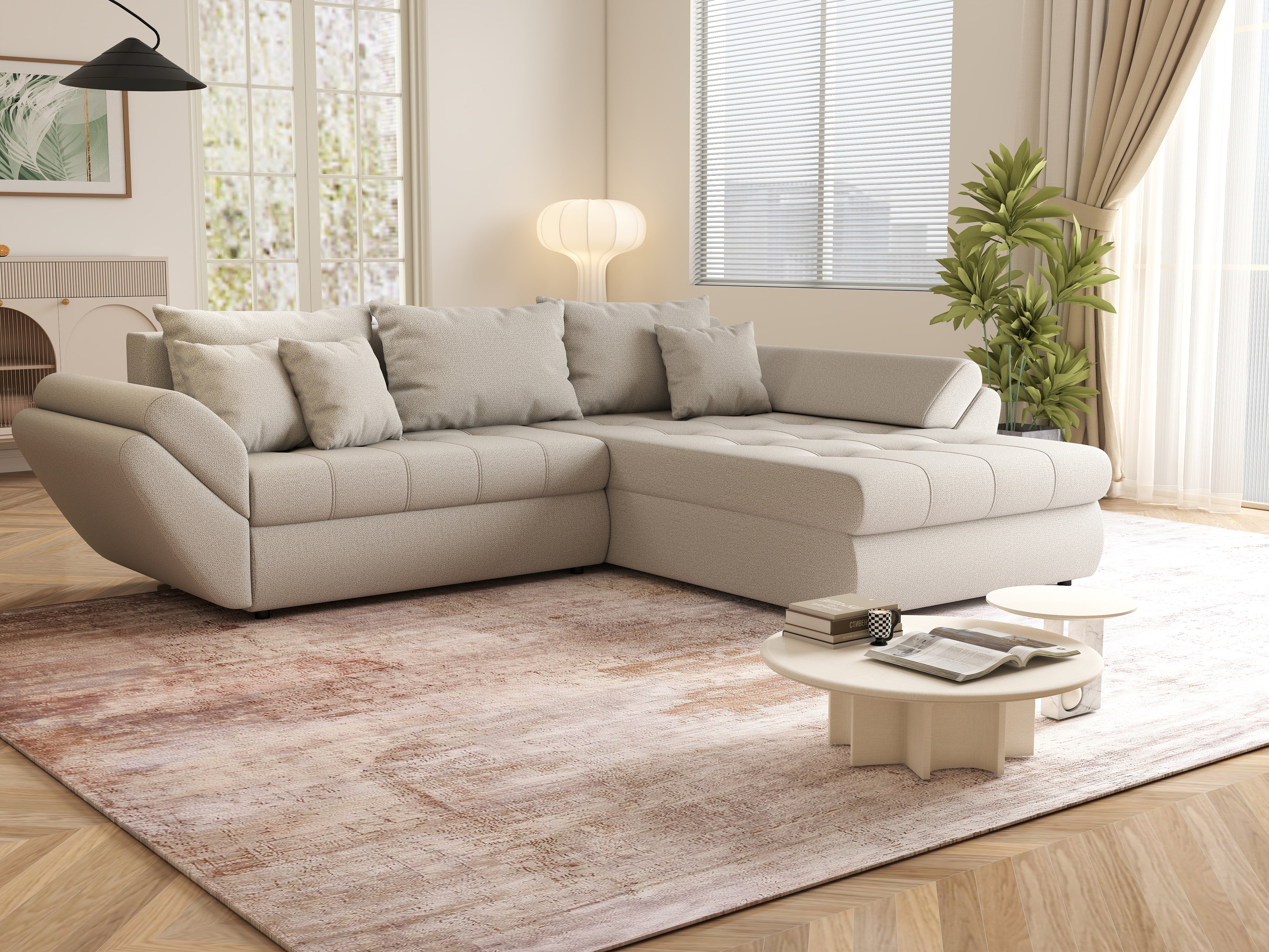 Colțar extensibil dumonde cu ladă de depozitare si sezut confortabil din spuma HR, Loana Enjoy Bej II 270x185 cm Fabrica