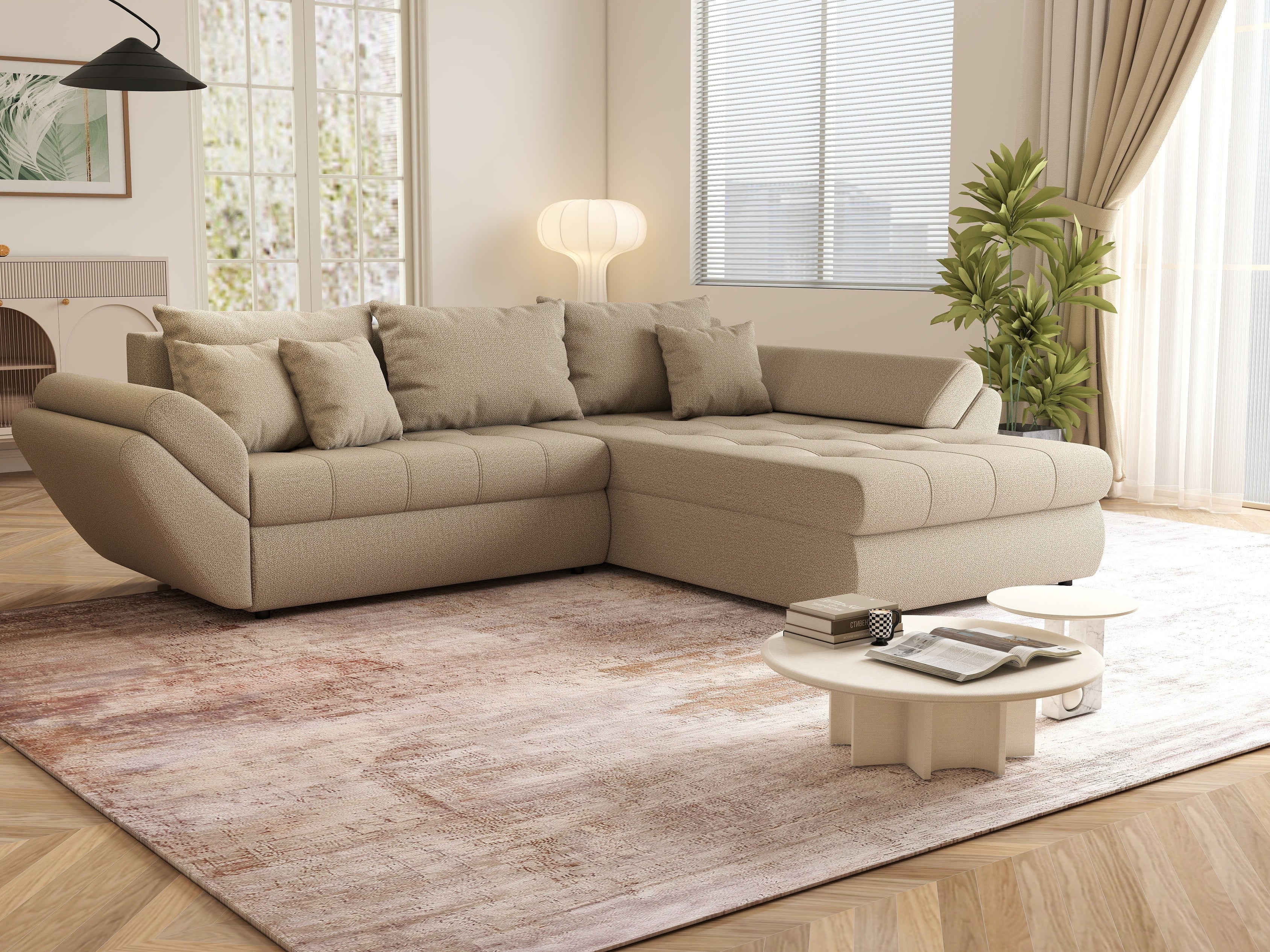 Colțar extensibil dumonde cu ladă de depozitare si sezut confortabil din spuma HR, Loana Enjoy Camel II 270x185 cm Fabrica