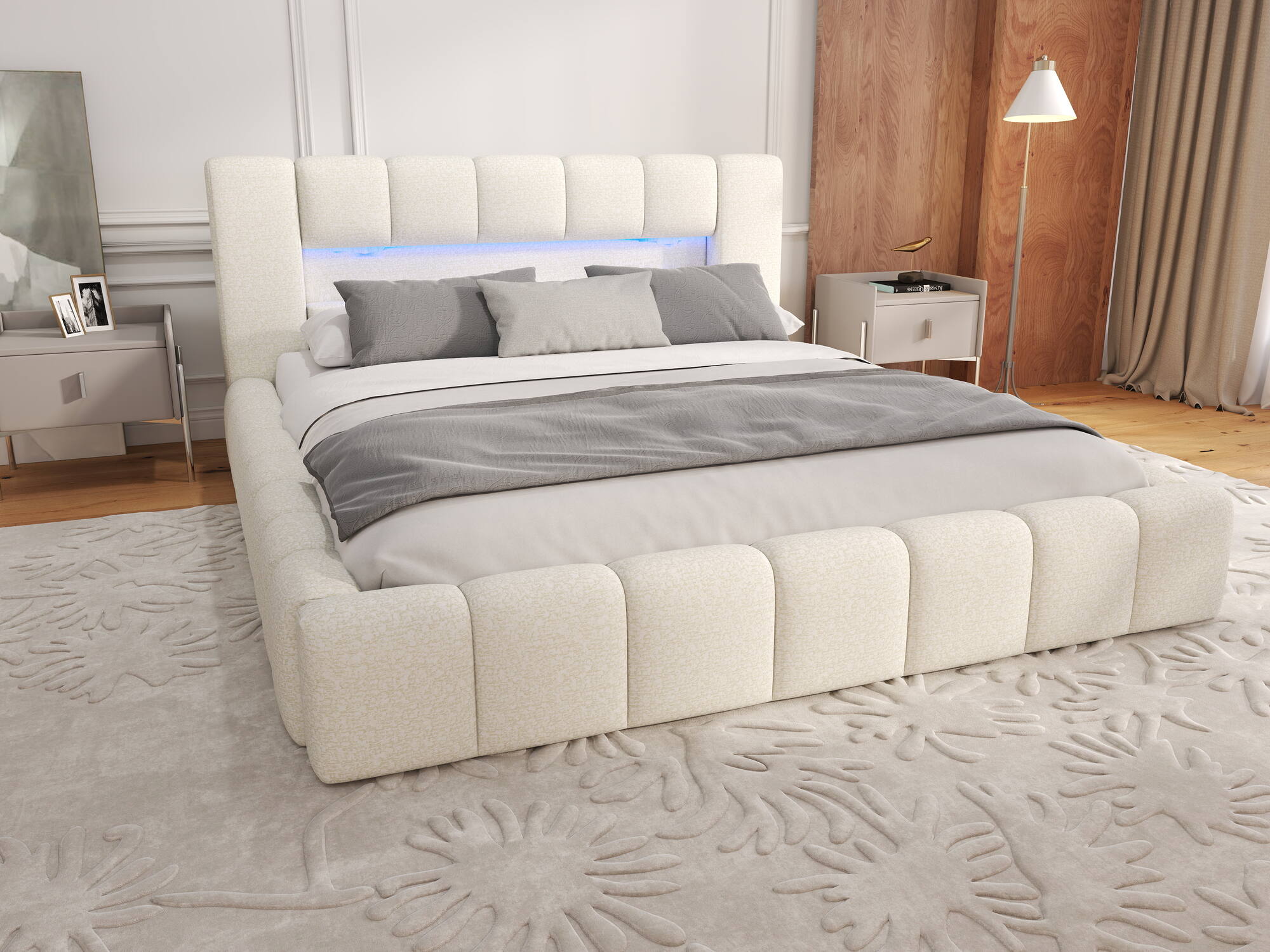 Dumonde kárpitozott ágy, bézs, Palermo 180x200 cm, felnyitható ágyráccsal, tárolórekesszel