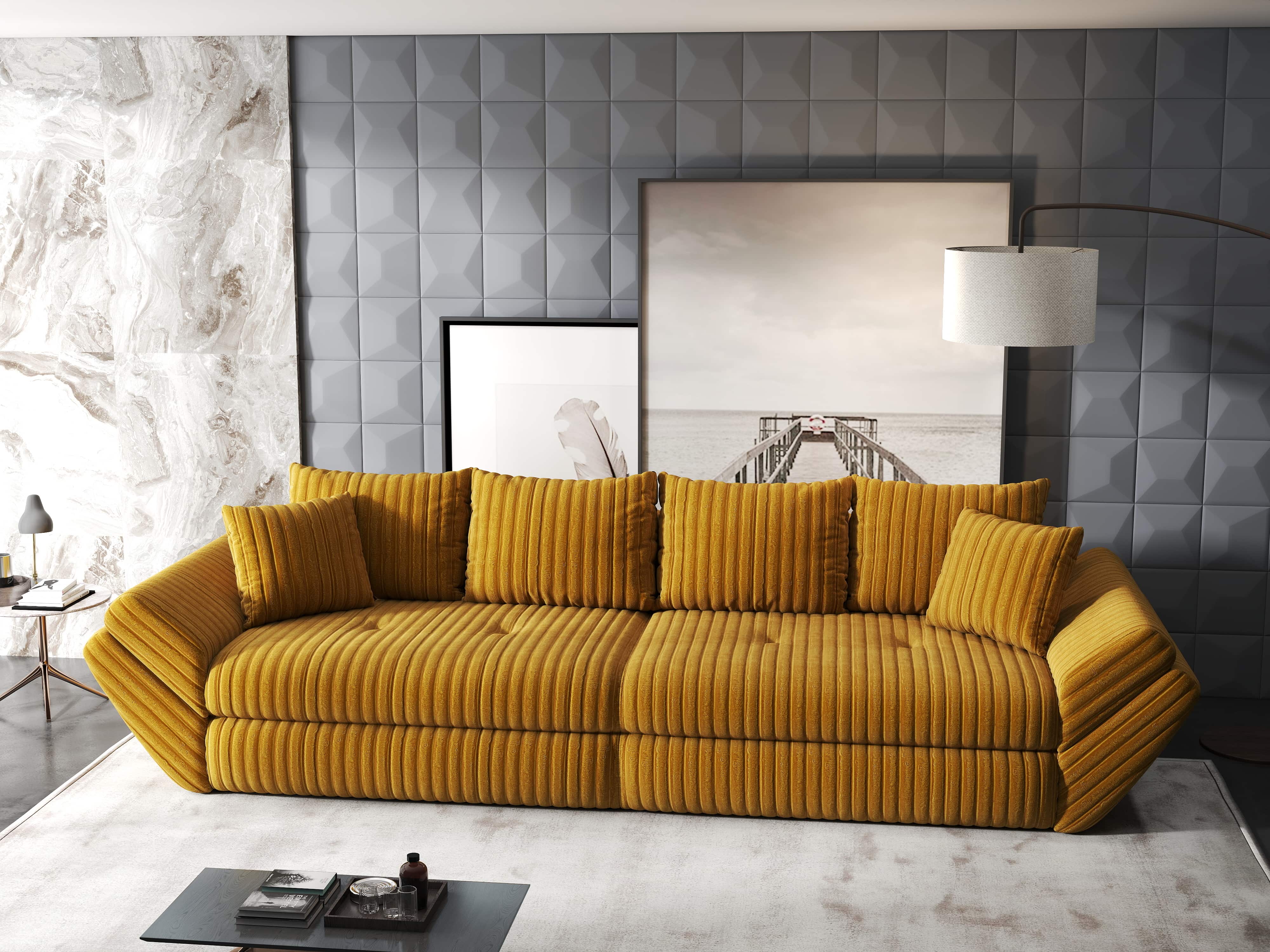 Canapea extensibilă dumonde cu ladă de depozitare si sezut confortabil din spuma HR, Loana Ambience Mustar 300x100 cm Fabrica