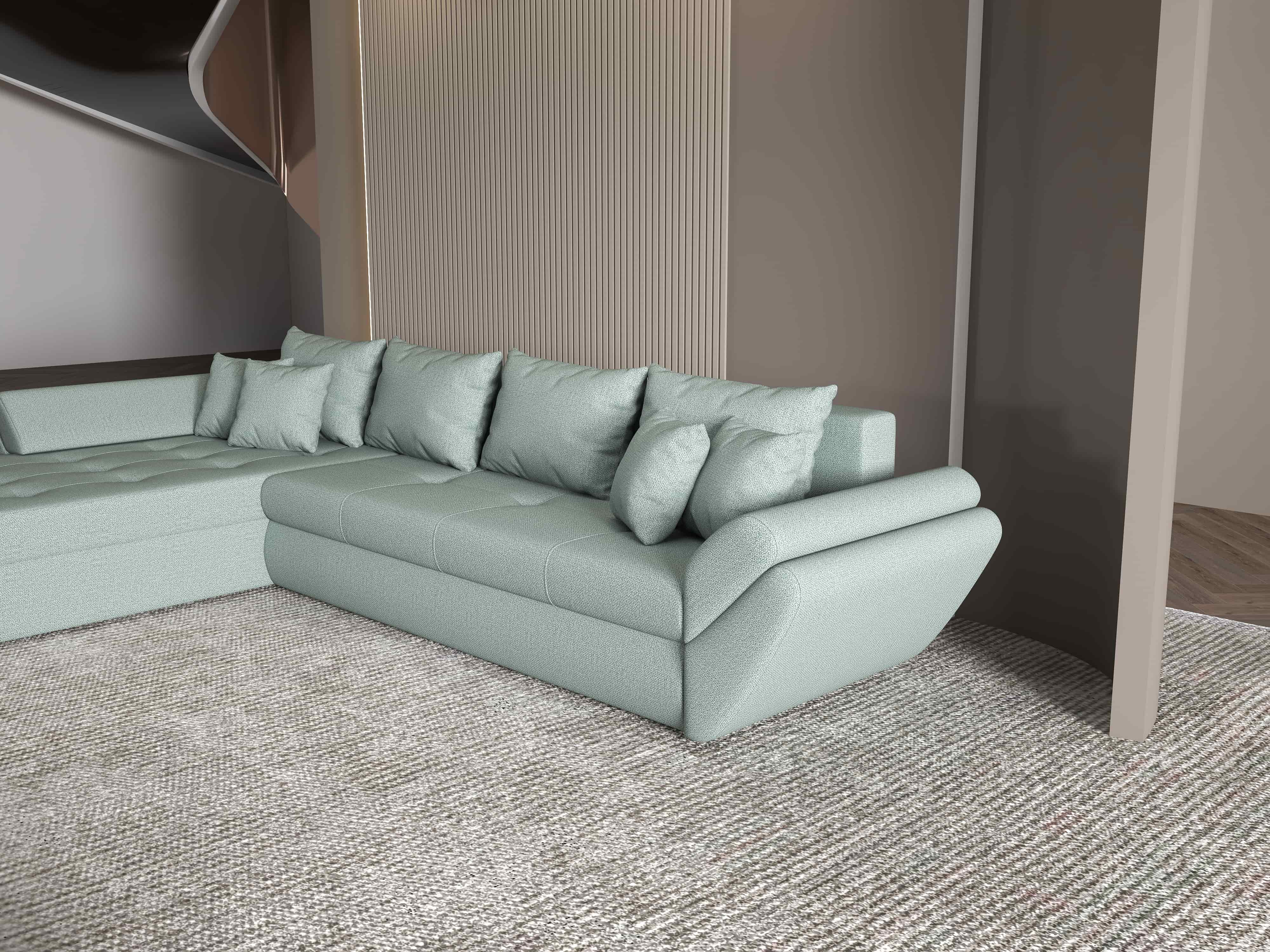Colțar extensibil dumonde cu ladă de depozitare si sezut confortabil din spuma HR, Loana XL Enjoy Mint 335x185 cm Fabrica