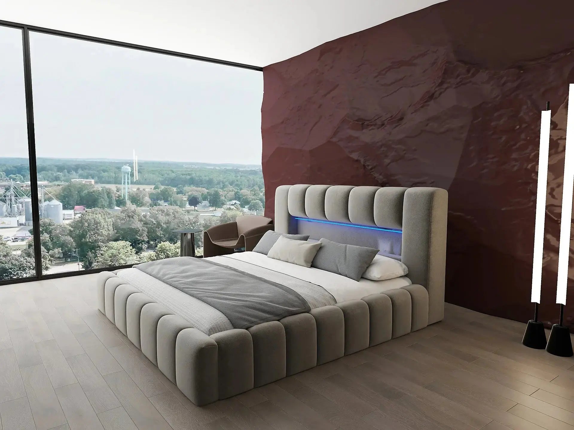 Pat dormitor dumonde, tapitat bej cu LED si USB, Palermo 160x200 cm, somiera rabatabila inclusa, spatiu depozitare WLS