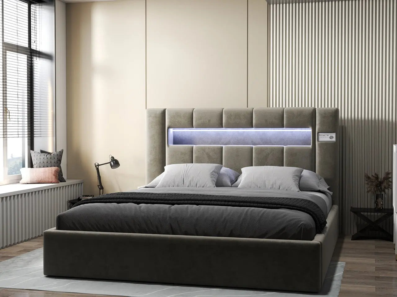Pat dormitor dumonde, tapitat bej, Glow 180x200 cm, somiera rabatabila inclusa, spatiu depozitare WLS