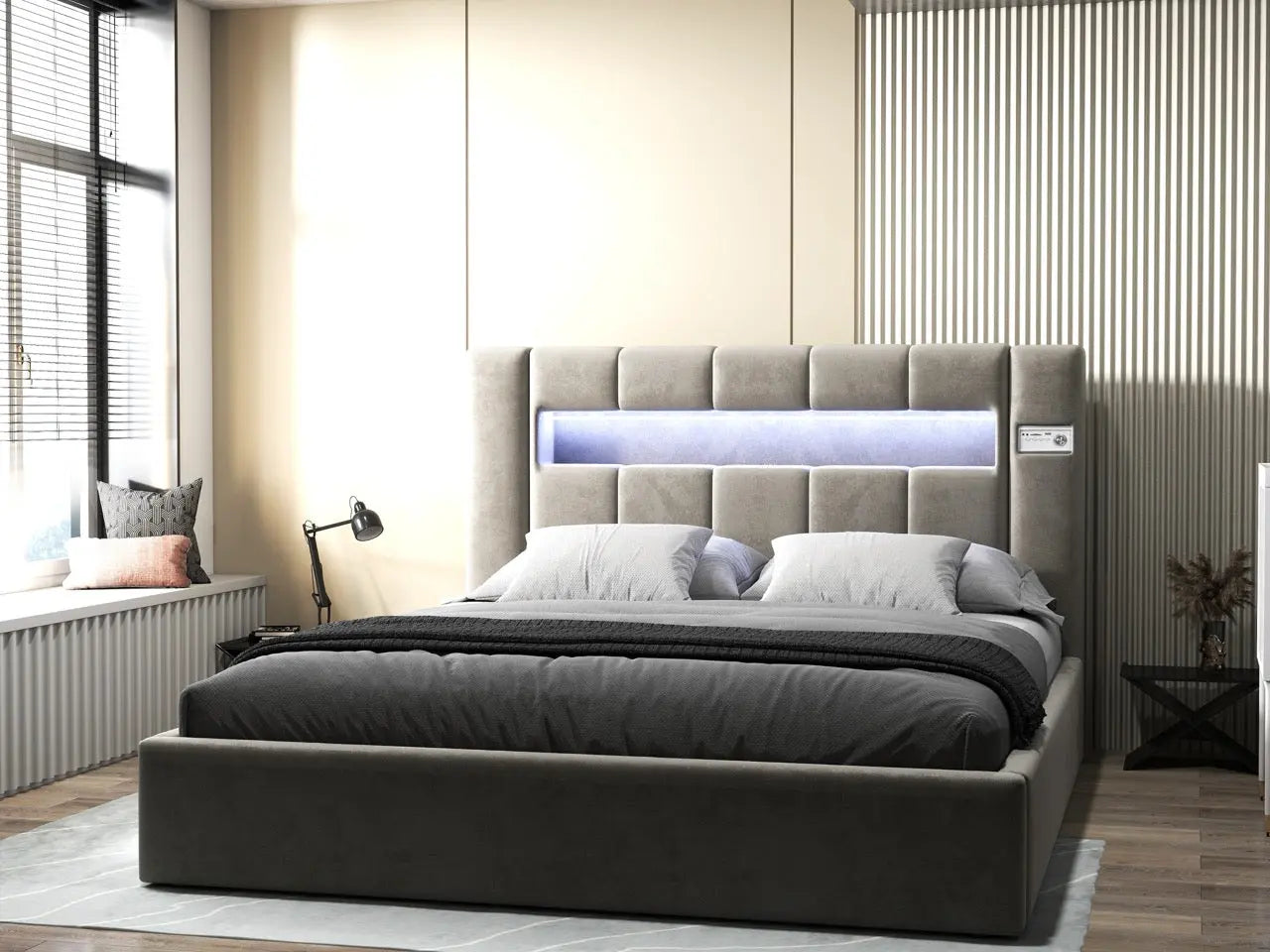 Pat dormitor dumonde, tapitat bej, Glow 180x200 cm, somiera rabatabila inclusa, spatiu depozitare WLS