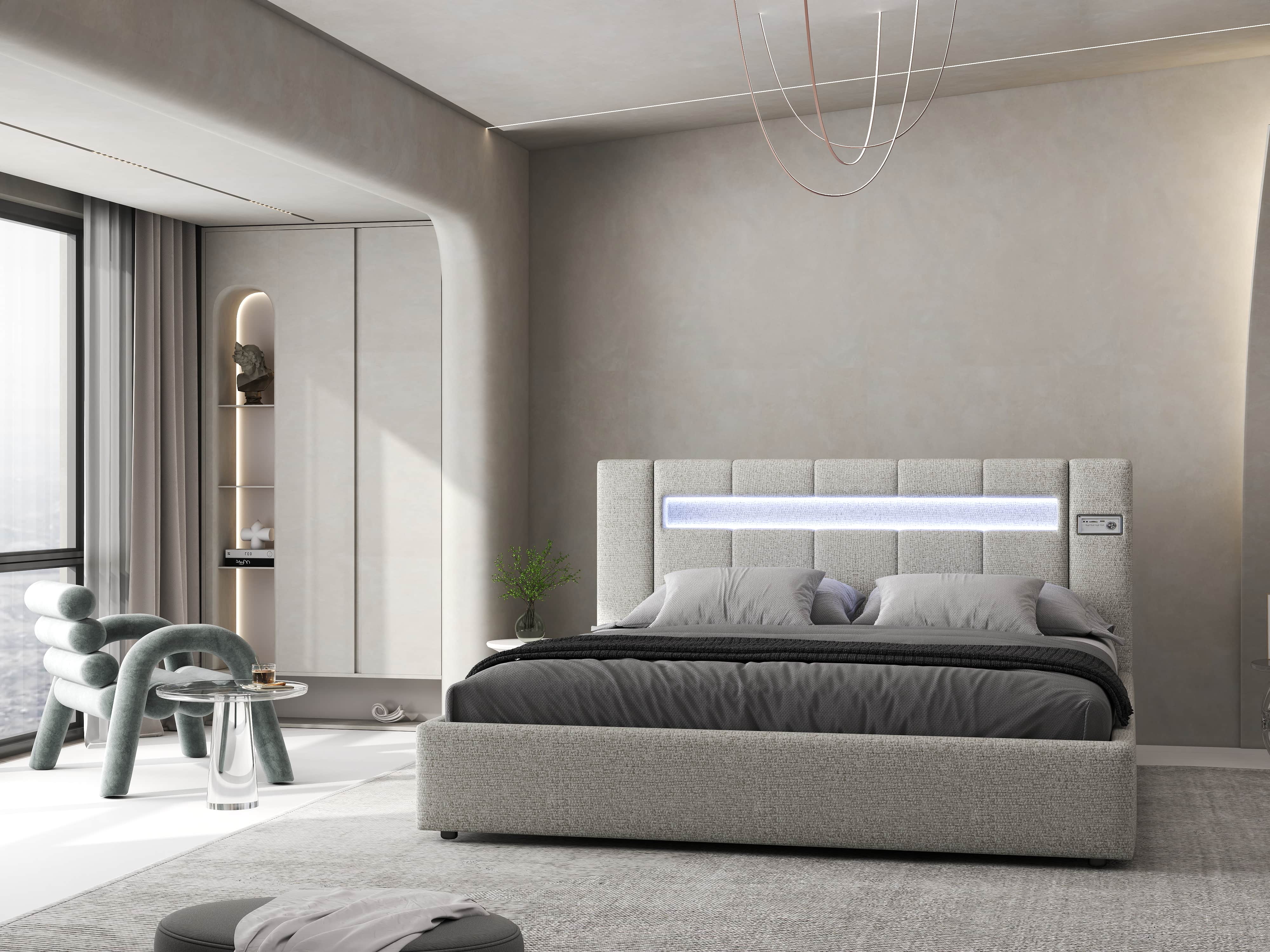 Pat dormitor dumonde, tapitat gri, Glow 160x200 cm, somiera rabatabila inclusa, spatiu depozitare WLS