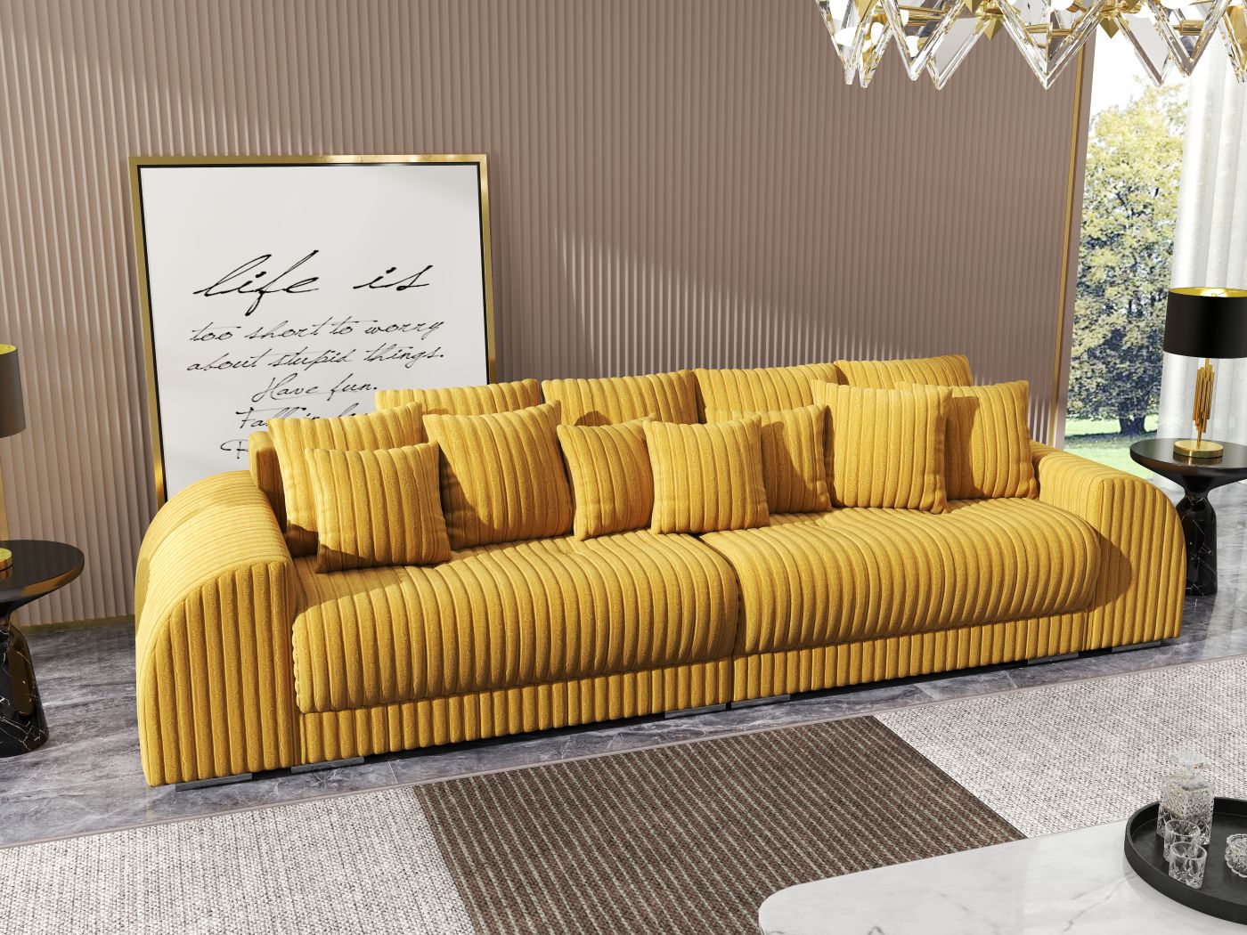 Canapea extensibilă dumonde cu 2 lăzi de depozitare si sezut confortabil din spuma HR, Verona Ambiance Mustar 310x100 cm Fabrica