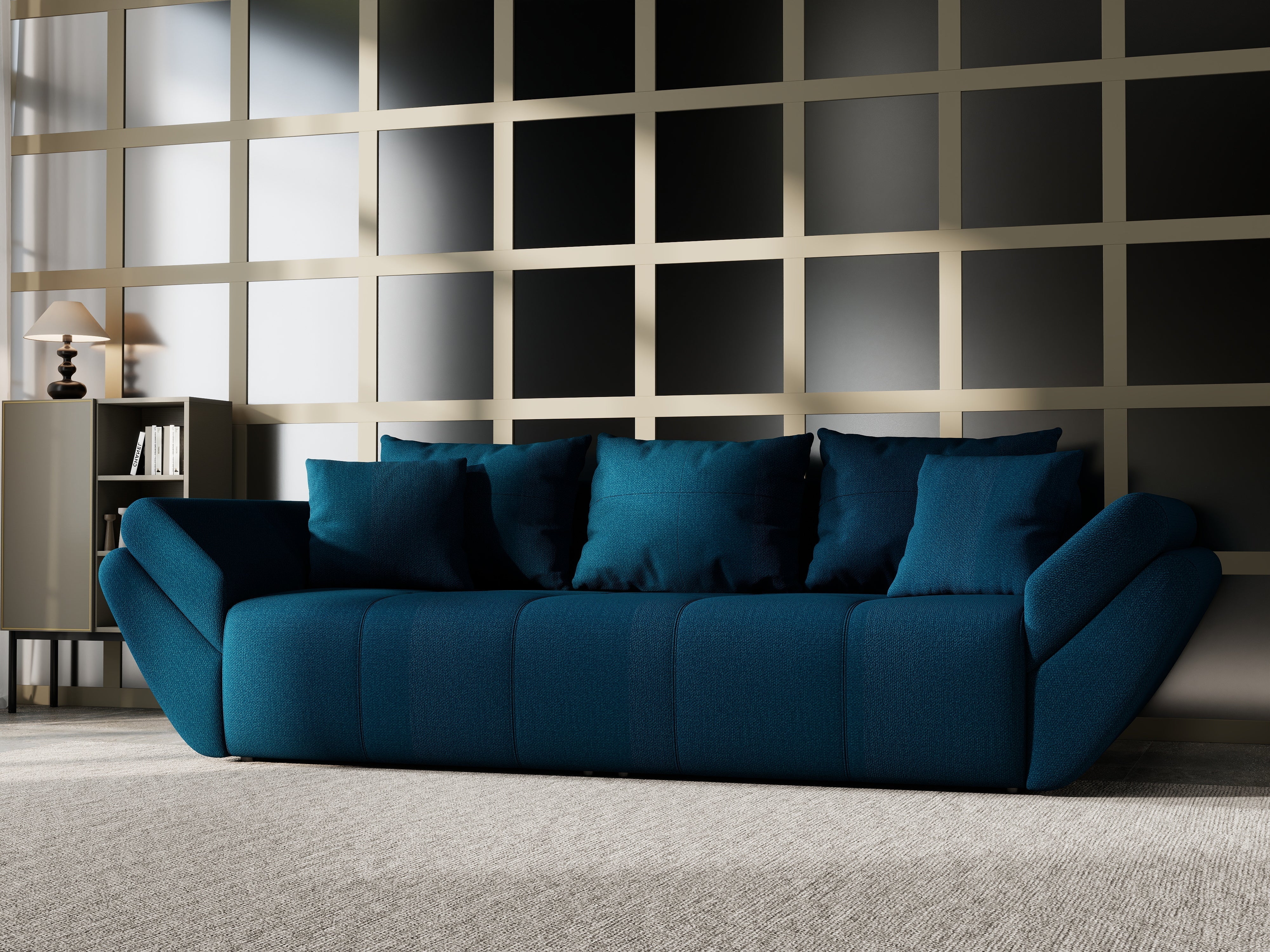 Canapea extensibilă dumonde cu ladă de depozitare si sezut confortabil din spuma HR, Berlin Enjoy Petrol 250x100 cm Fabrica