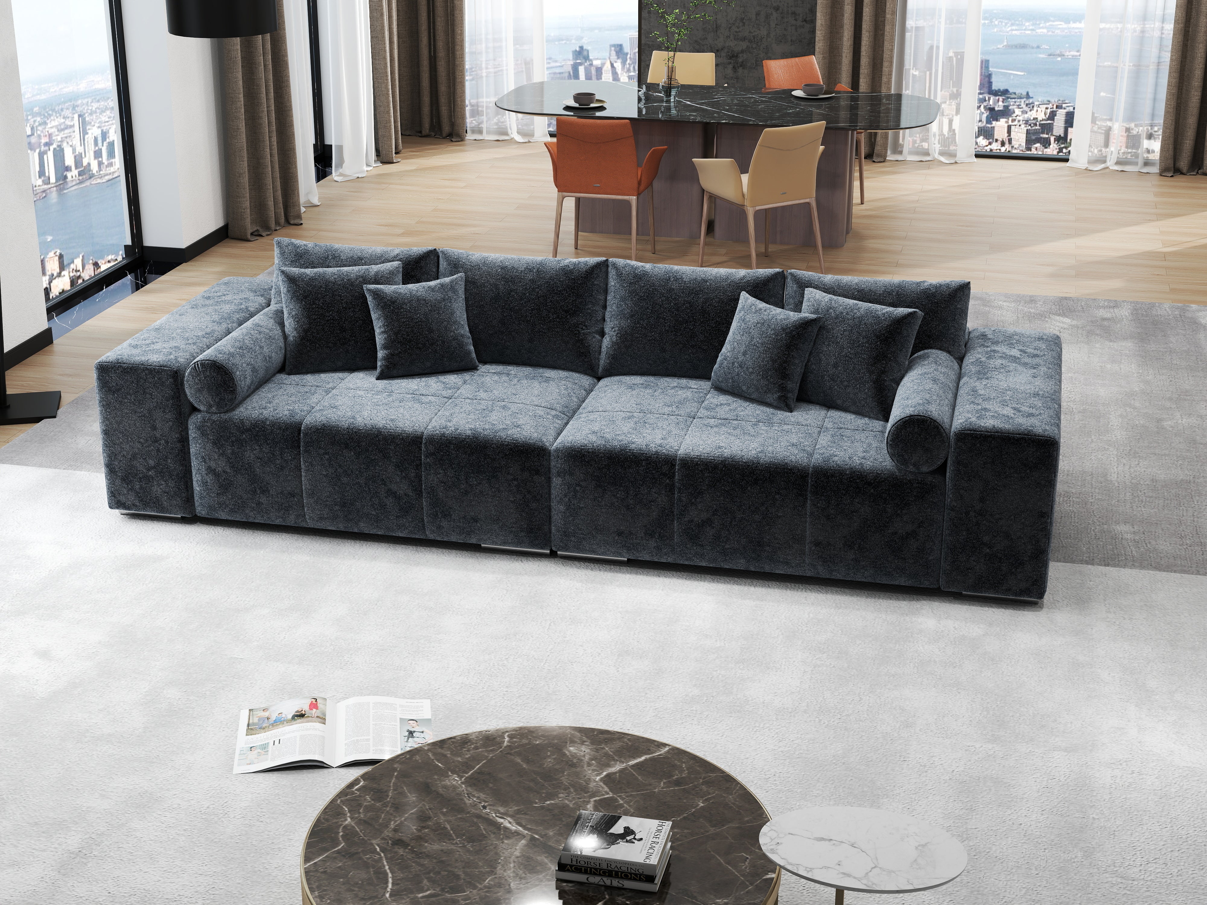 Canapea extensibilă dumonde cu ladă de depozitare si sezut confortabil din spuma HR, Marbela Euphoria Grafit XXL 295x100 cm fabrica