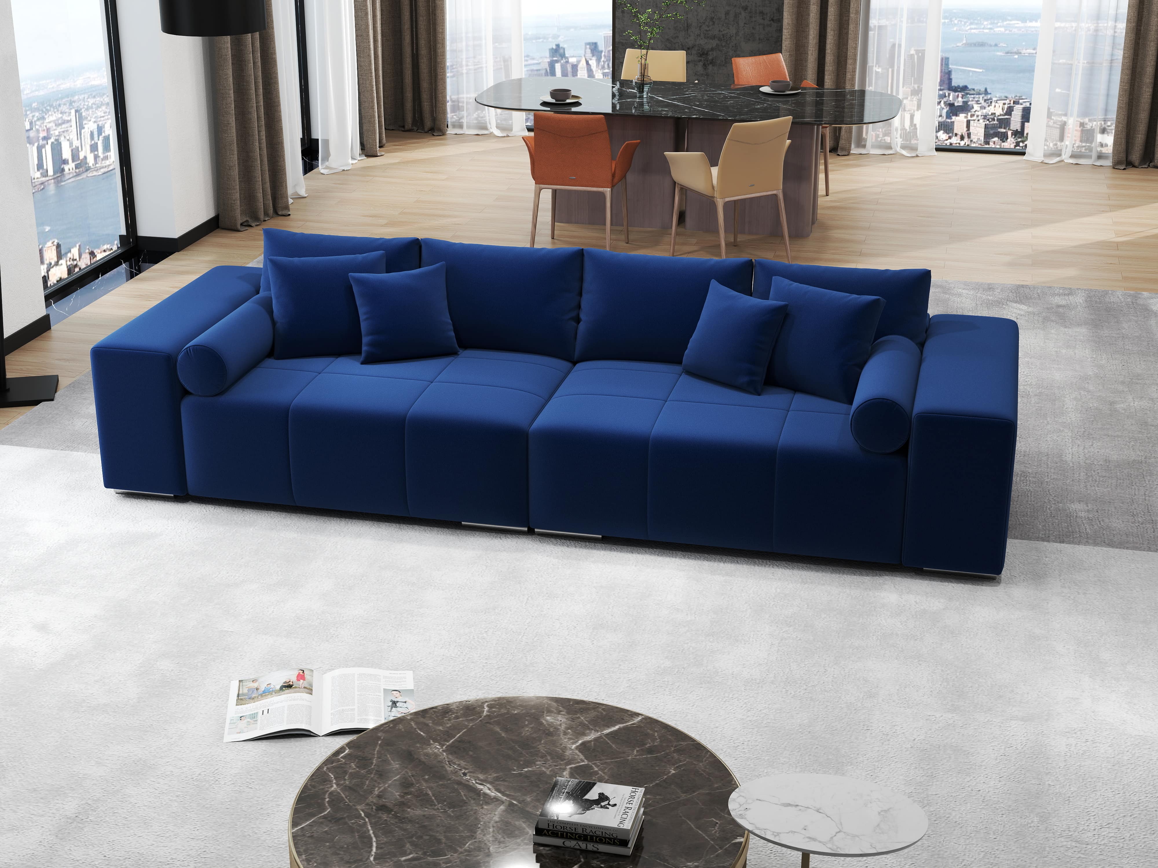 Canapea extensibilă dumonde cu ladă de depozitare si sezut confortabil din spuma HR, Marbela Royal Blue XXL 295x100 cm fabrica
