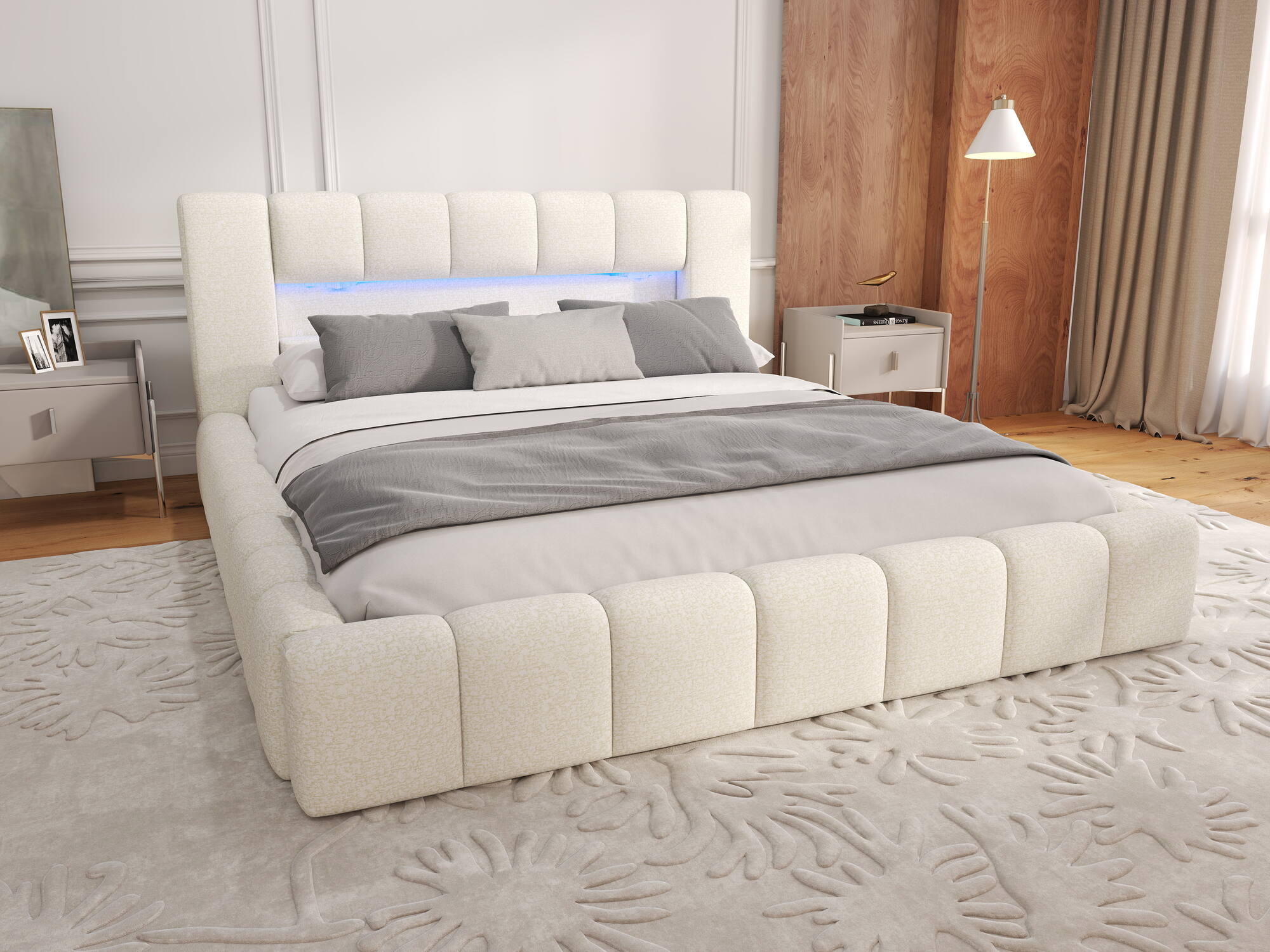 Dumonde kárpitozott ágy, bézs, Palermo 180x200 cm, felnyitható ágyráccsal, tárolórekesszel