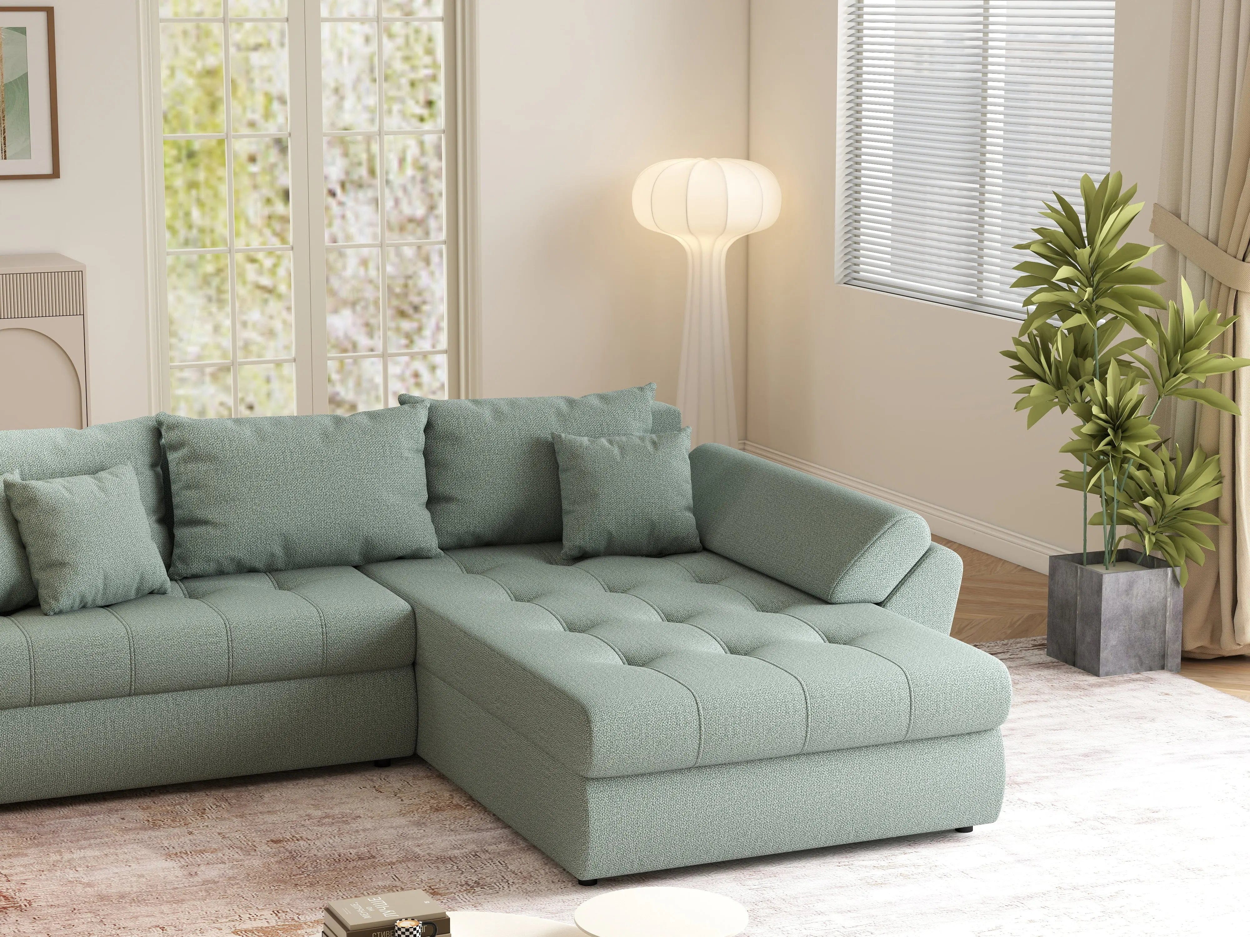 Colțar extensibil dumonde cu ladă de depozitare si sezut confortabil din spuma HR, Loana Mint II 270x185 cm Fabrica