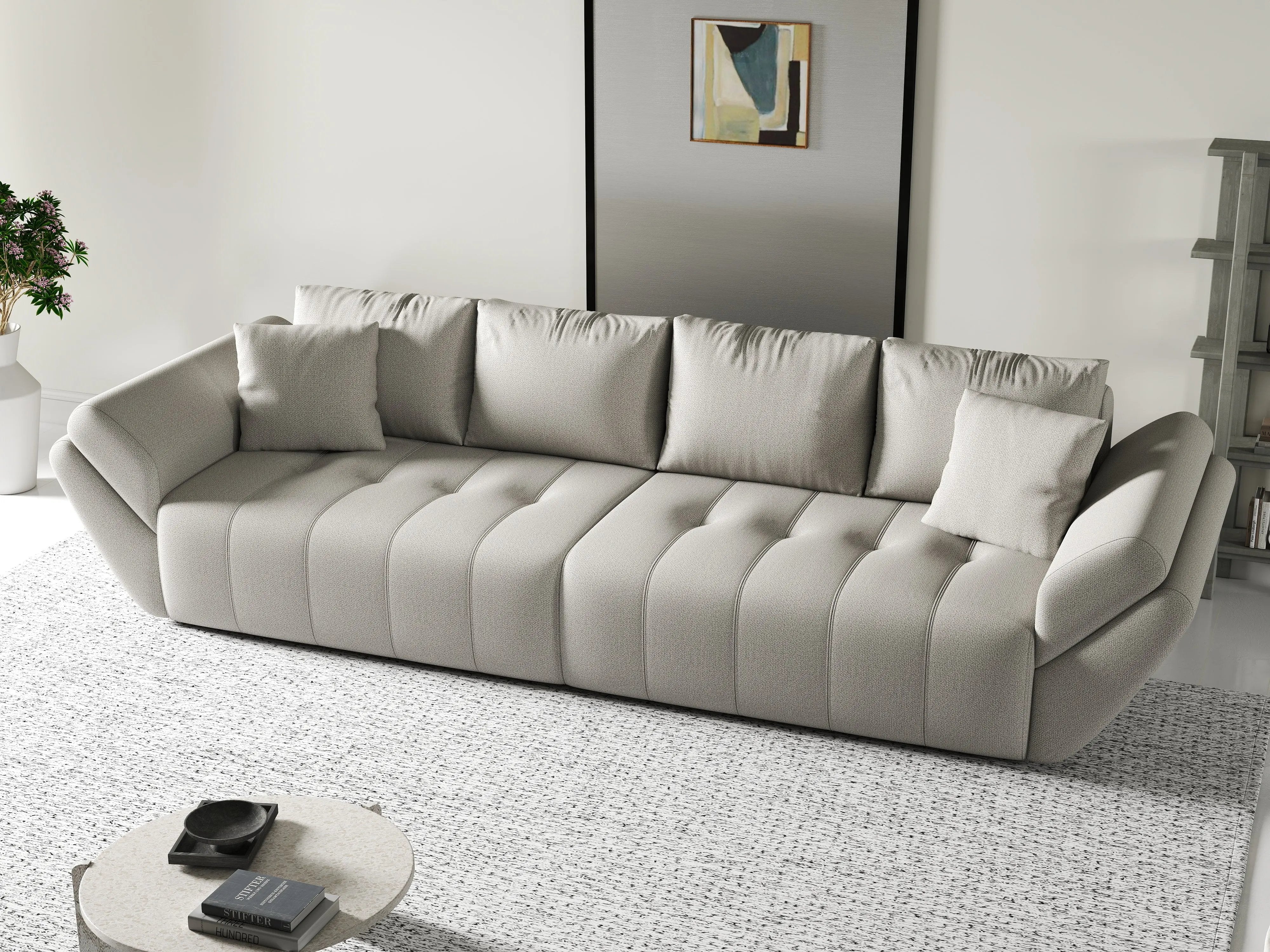 Canapea extensibilă dumonde cu ladă de depozitare si sezut confortabil din spuma HR, Berlin Enjoy Beige 300x100 cm Fabrica