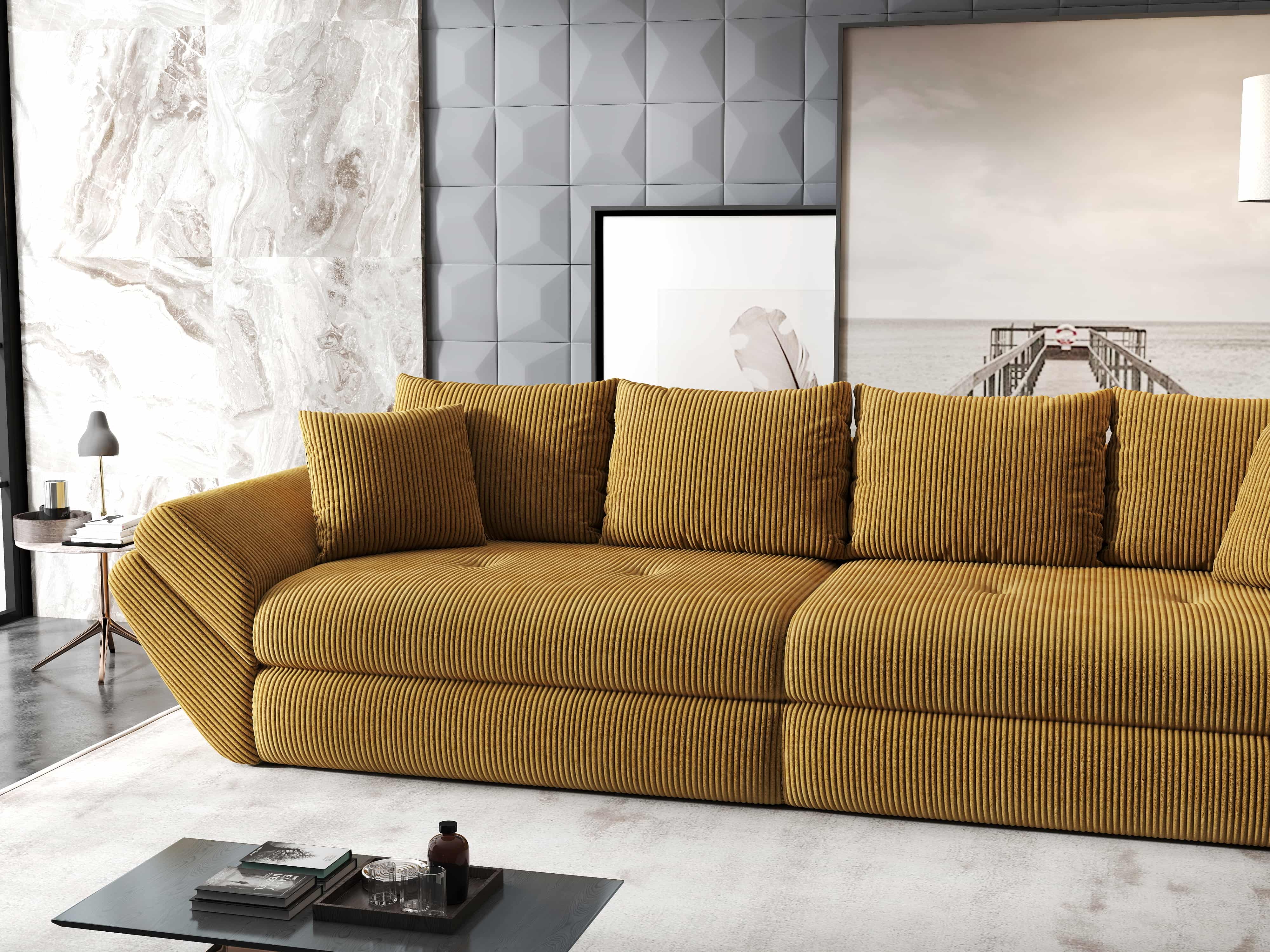 Canapea extensibilă dumonde cu ladă de depozitare si sezut confortabil din spuma HR, Loana Zoom Mustar 300x100 cm Fabrica