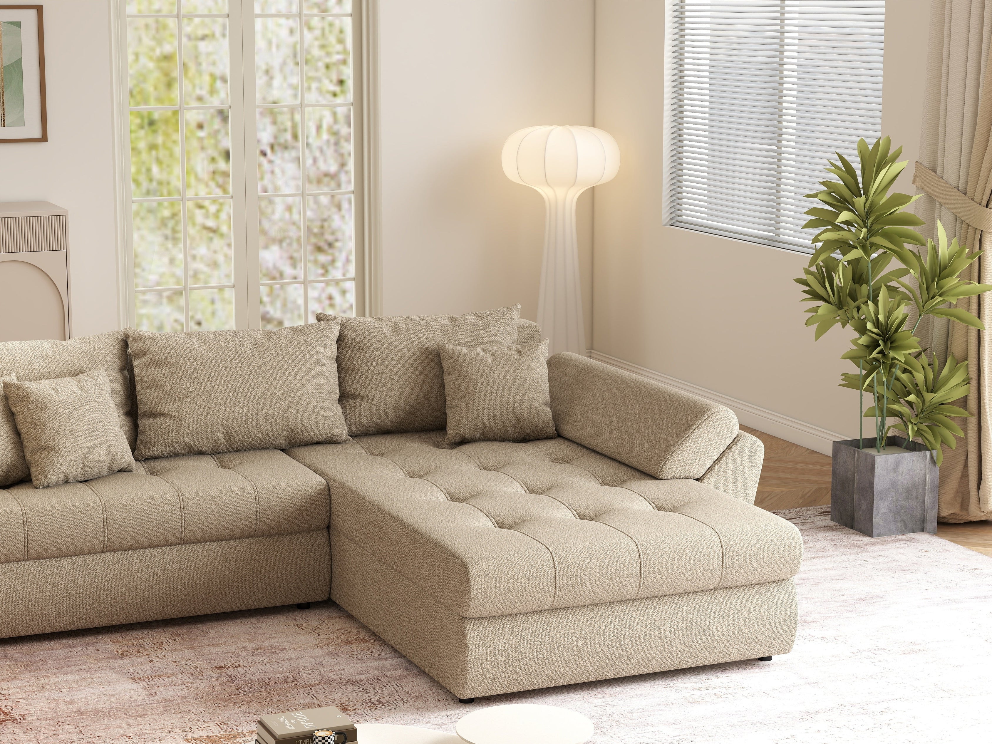 Colțar extensibil dumonde cu ladă de depozitare si sezut confortabil din spuma HR, Loana Enjoy Camel II 270x185 cm Fabrica