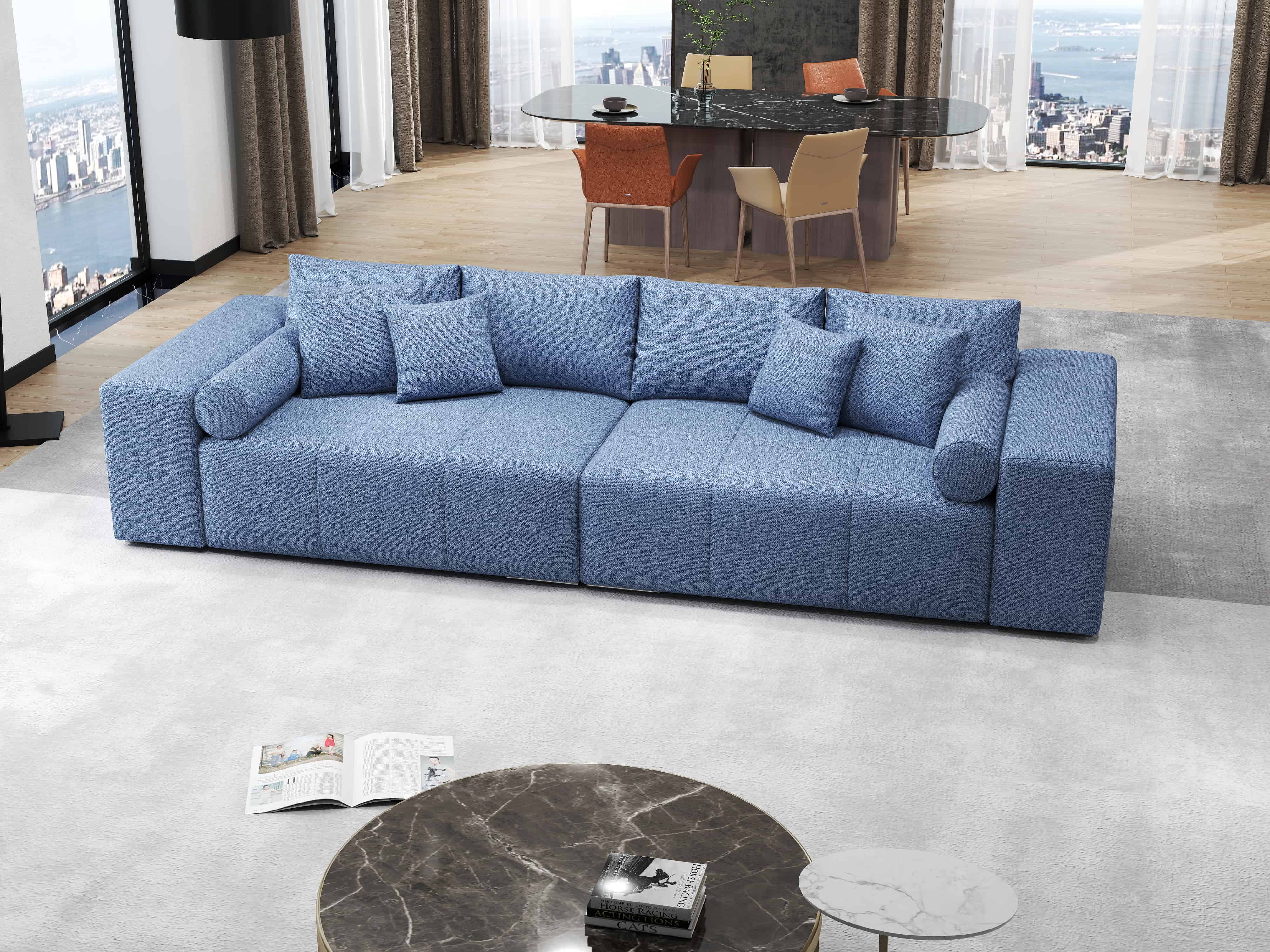 Canapea extensibilă dumonde cu ladă de depozitare si sezut confortabil din spuma HR, Marbela Enjoy Blue XXL 295x100 cm fabrica